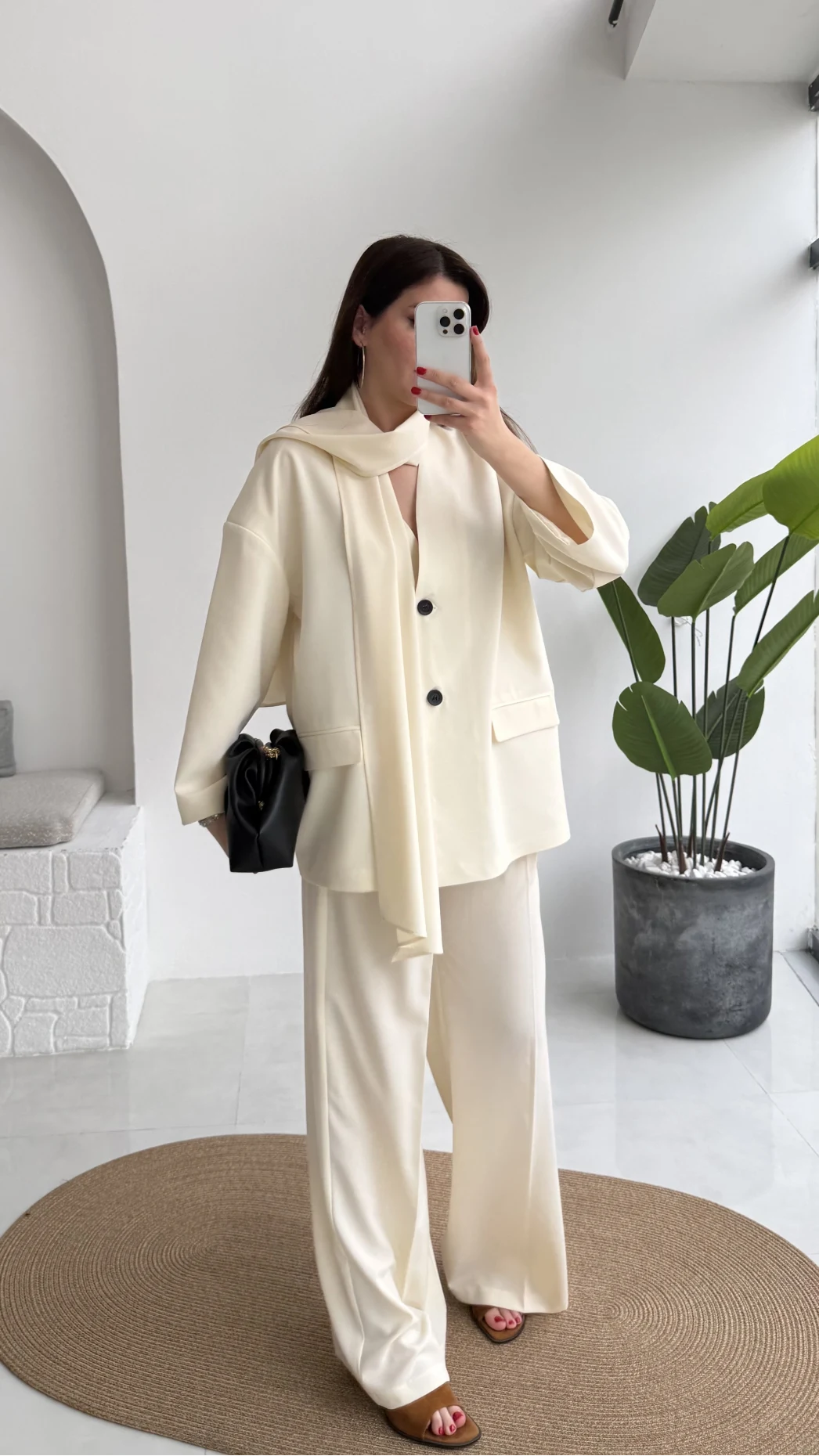 Yuna Fular Detay Bağcıklı Ceket Takım - Ekru - Kod: 6003