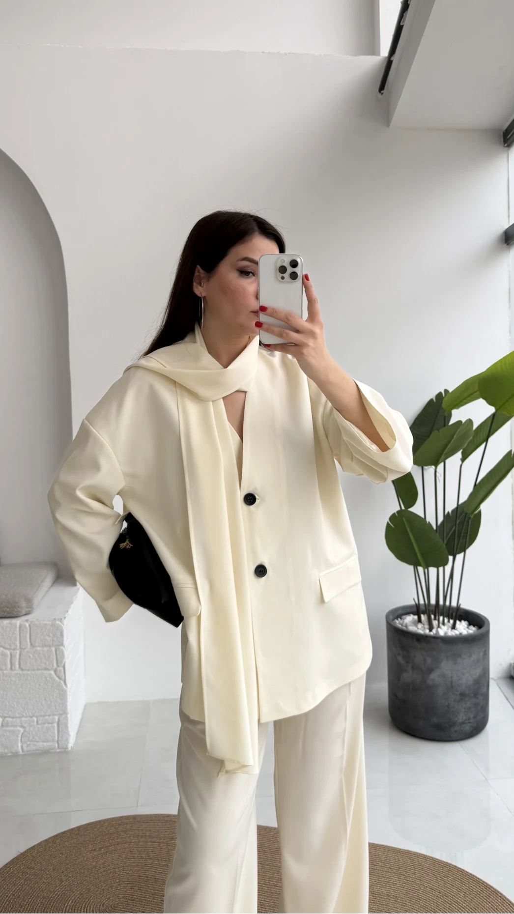 Yuna Fular Detay Bağcıklı Ceket Takım - Ekru - Kod: 6003