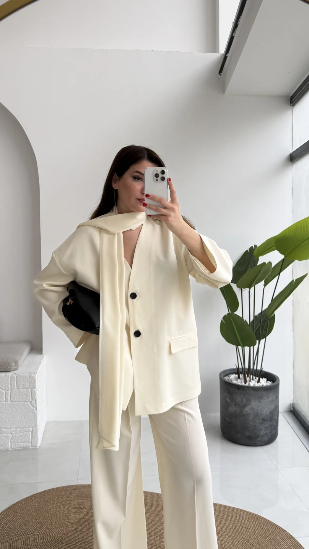 Yuna Fular Detay Bağcıklı Ceket Takım - Ekru - Kod: 6003