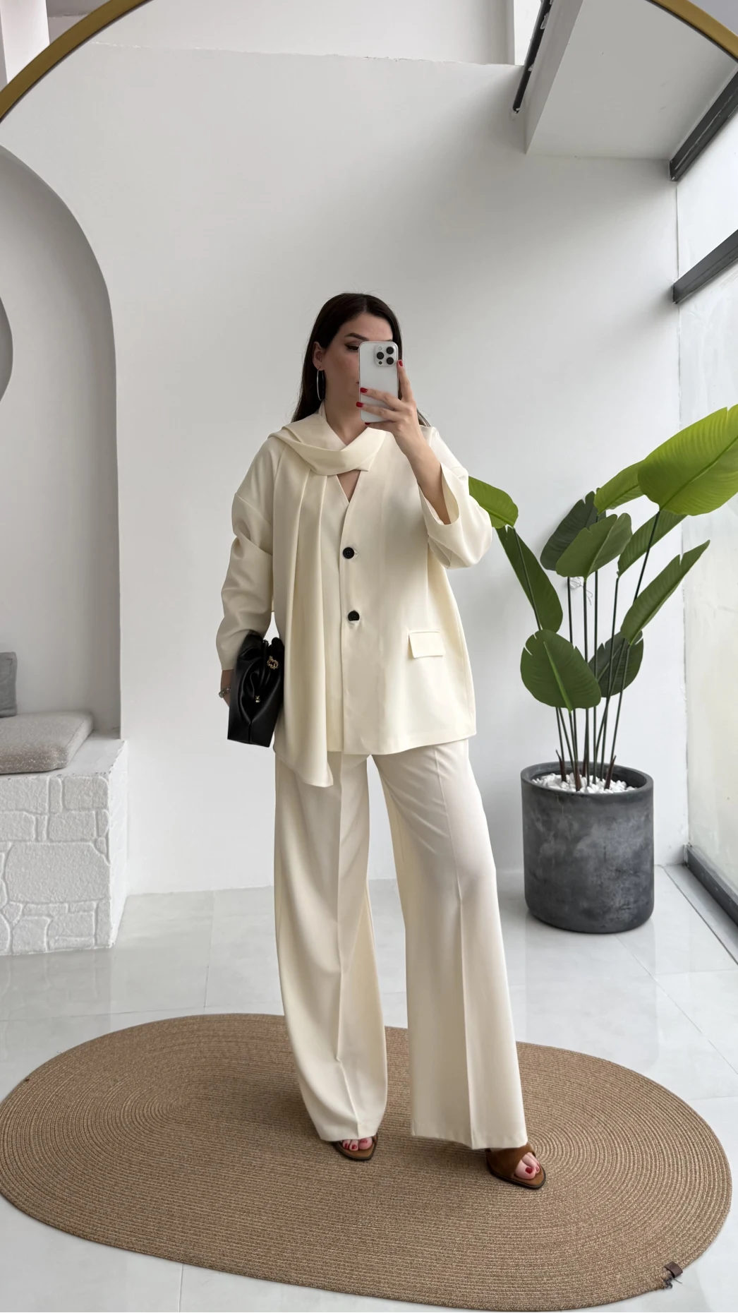 Yuna Fular Detay Bağcıklı Ceket Takım - Ekru - Kod: 6003