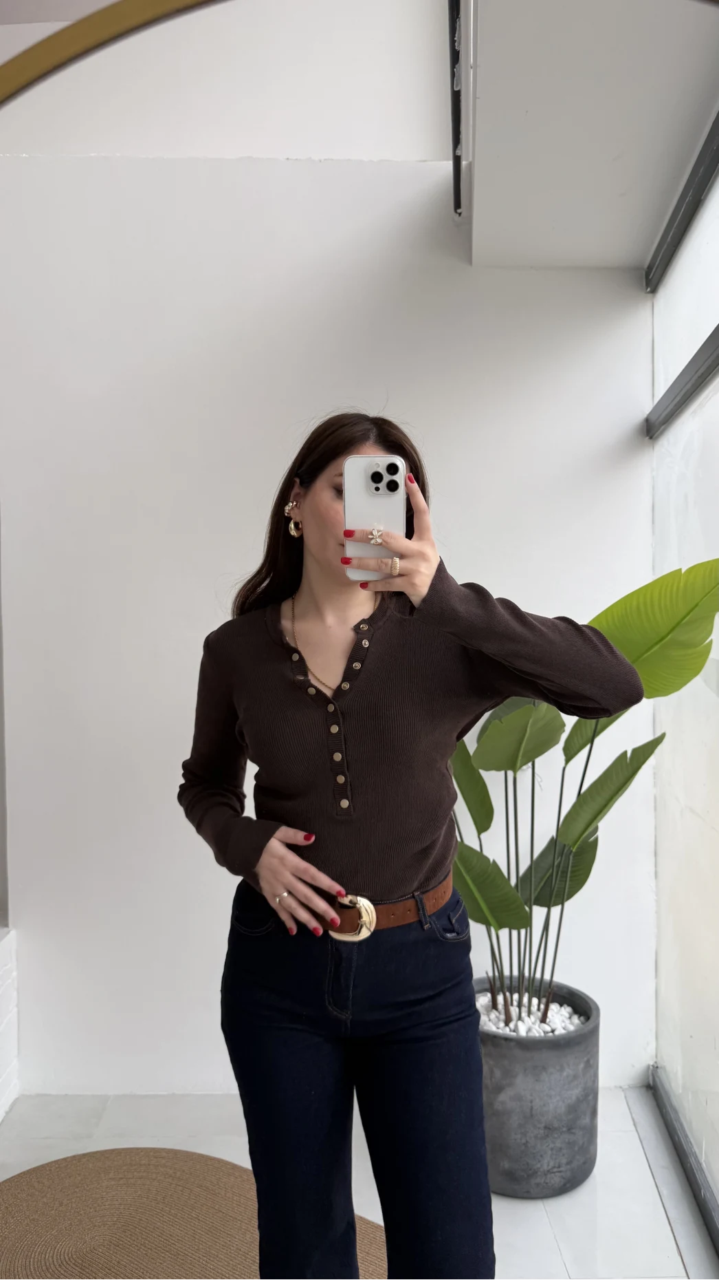 Lyssa V Yaka Çıtçıtlı Triko Kazak - Acı Kahve