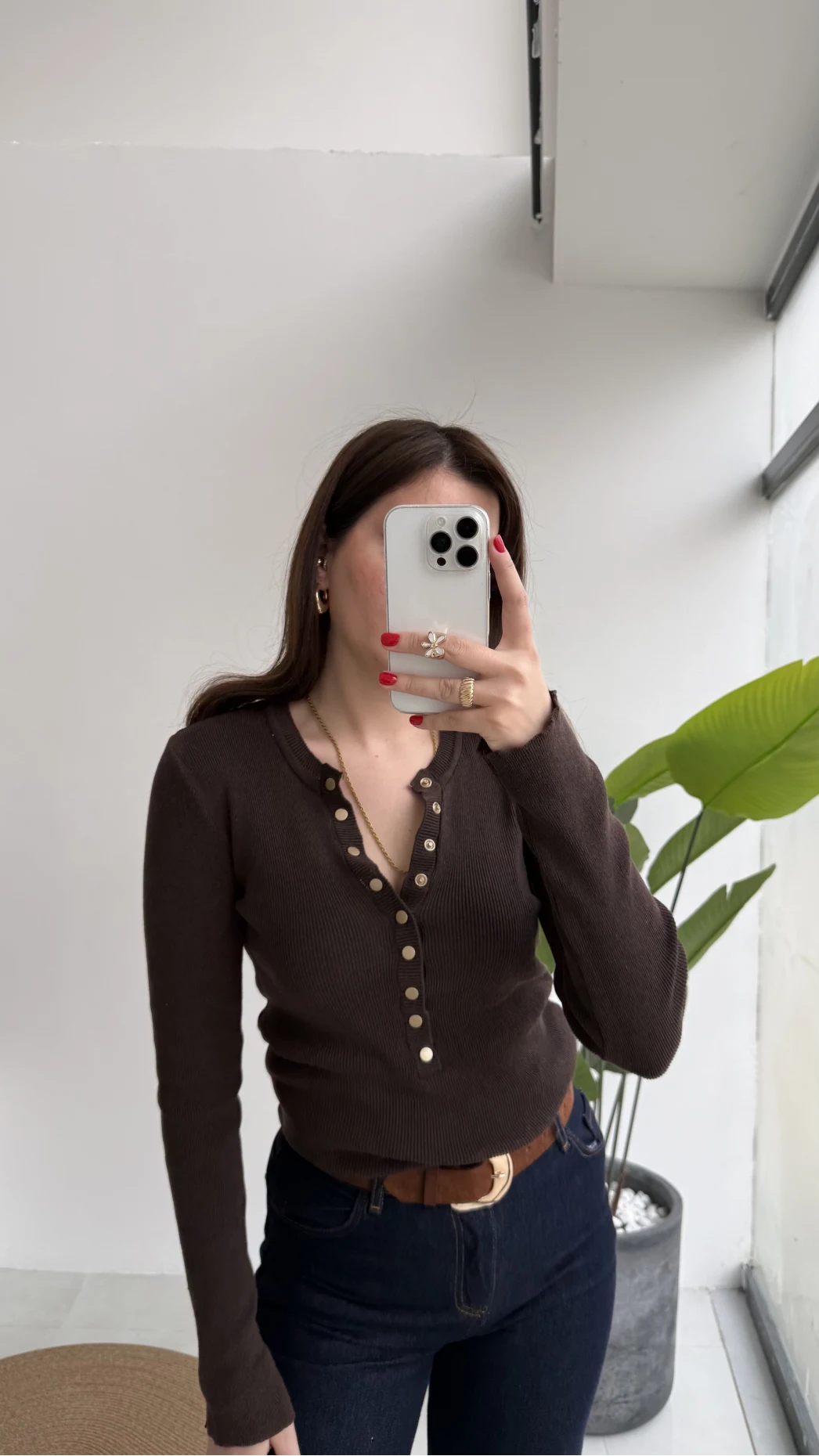 Lyssa V Yaka Çıtçıtlı Triko Kazak - Acı Kahve