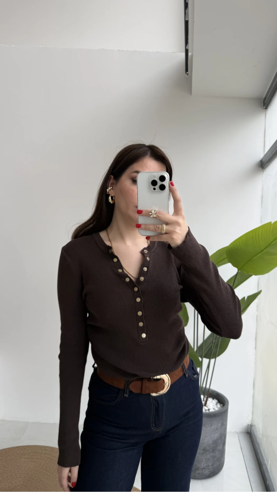 Lyssa V Yaka Çıtçıtlı Triko Kazak - Acı Kahve