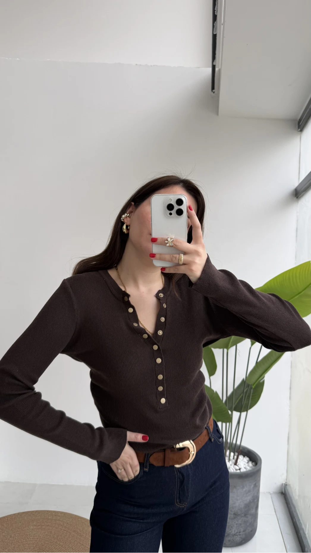 Lyssa V Yaka Çıtçıtlı Triko Kazak - Acı Kahve