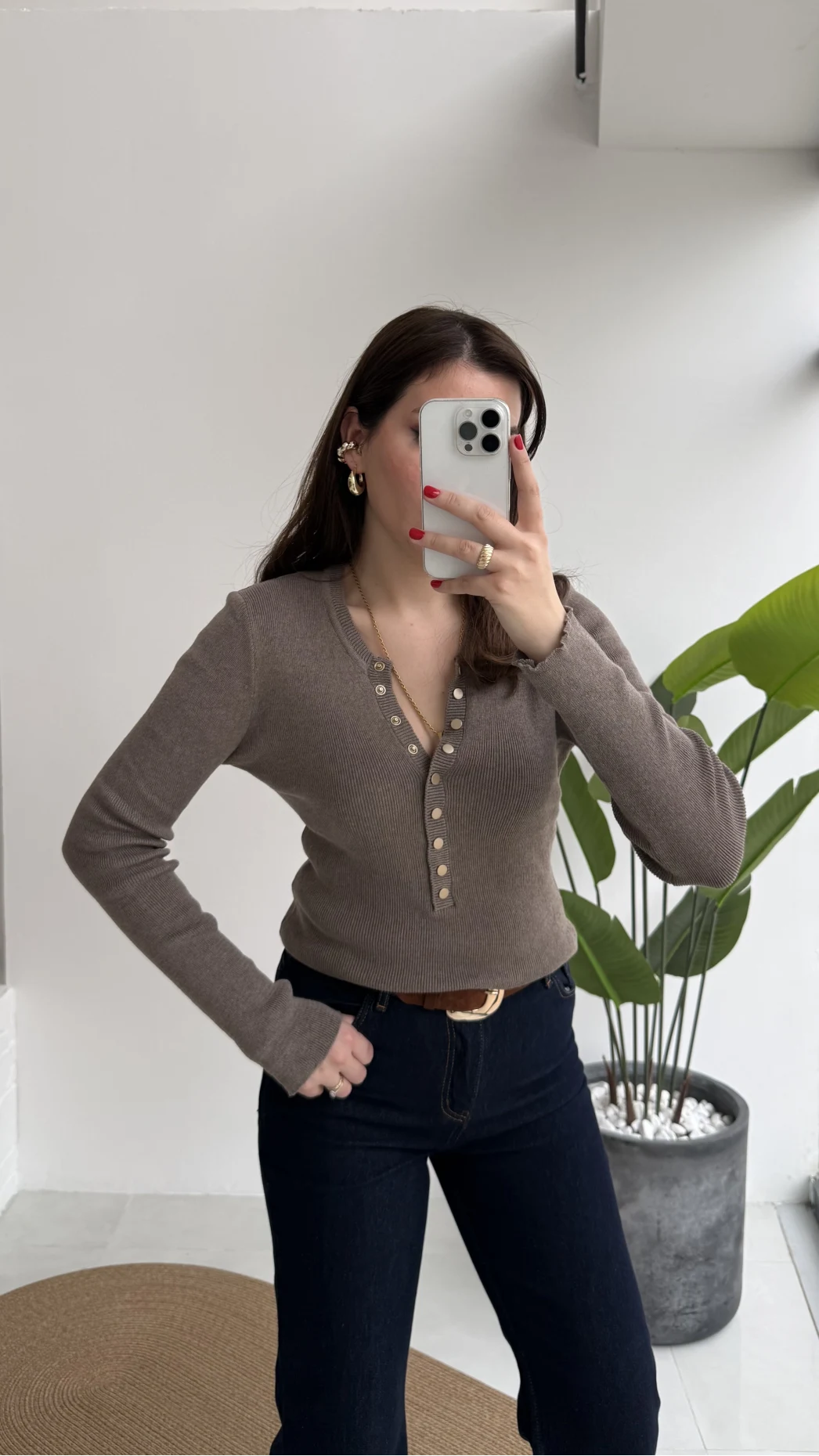 Lyssa V Yaka Çıtçıtlı Triko Kazak - Vizon