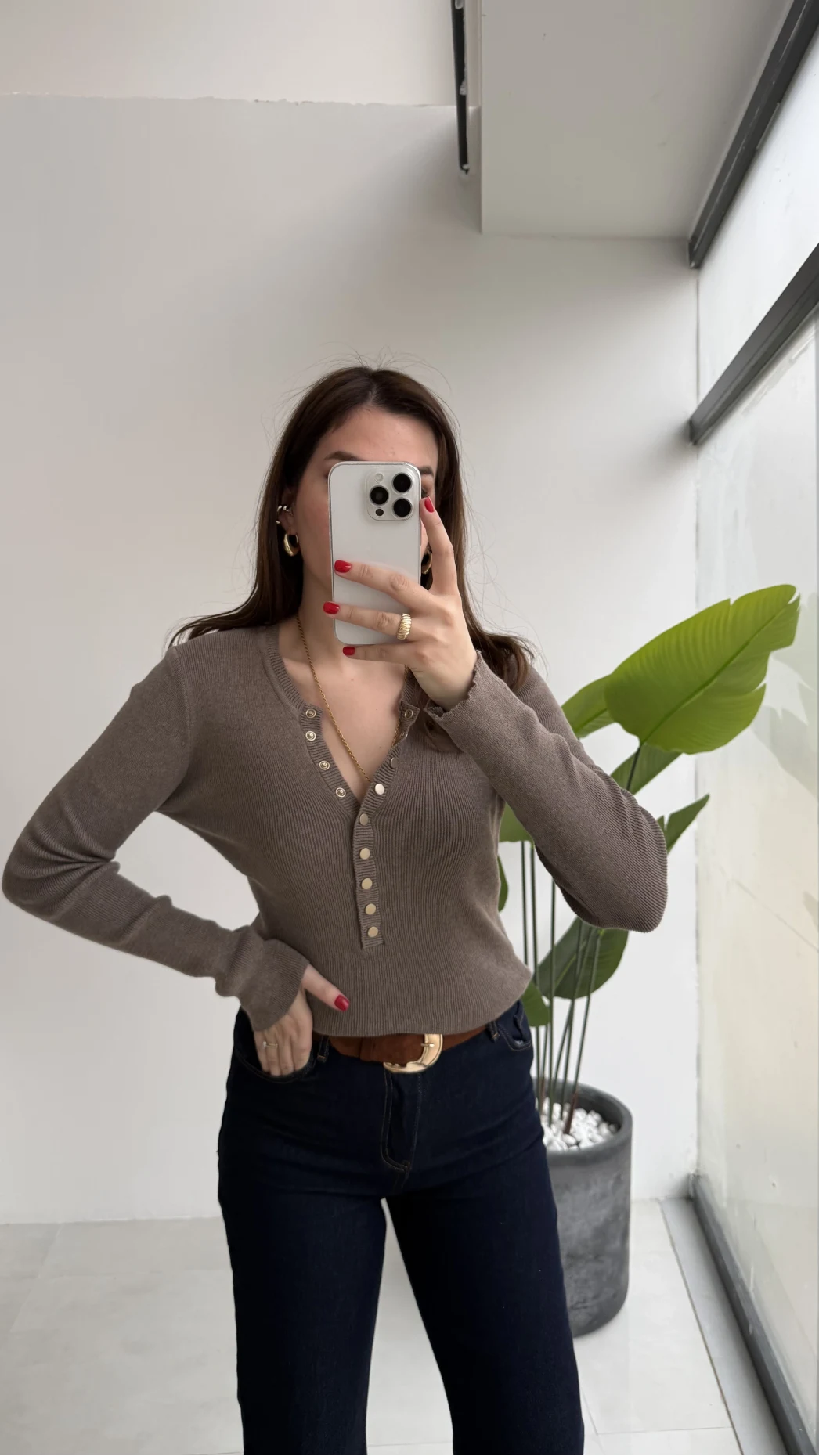 Lyssa V Yaka Çıtçıtlı Triko Kazak - Vizon