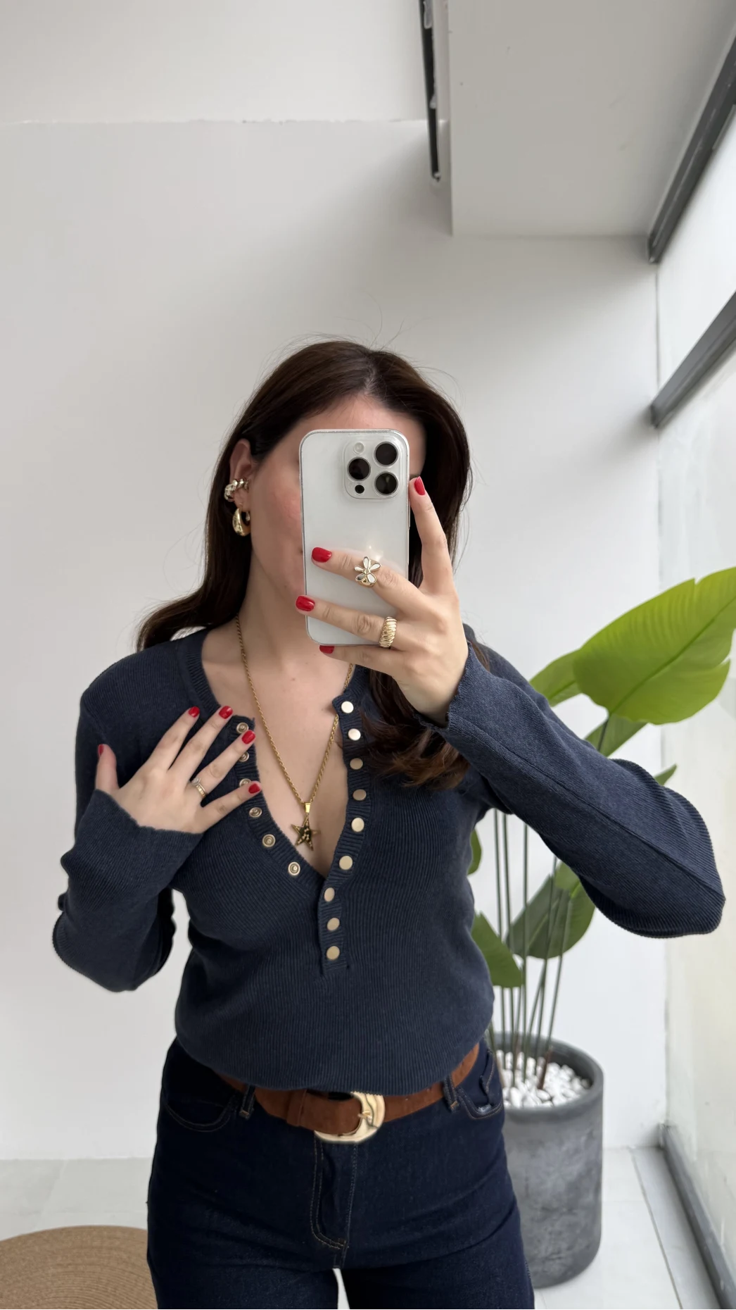 Lyssa V Yaka Çıtçıtlı Triko Kazak - Koyu İndigo