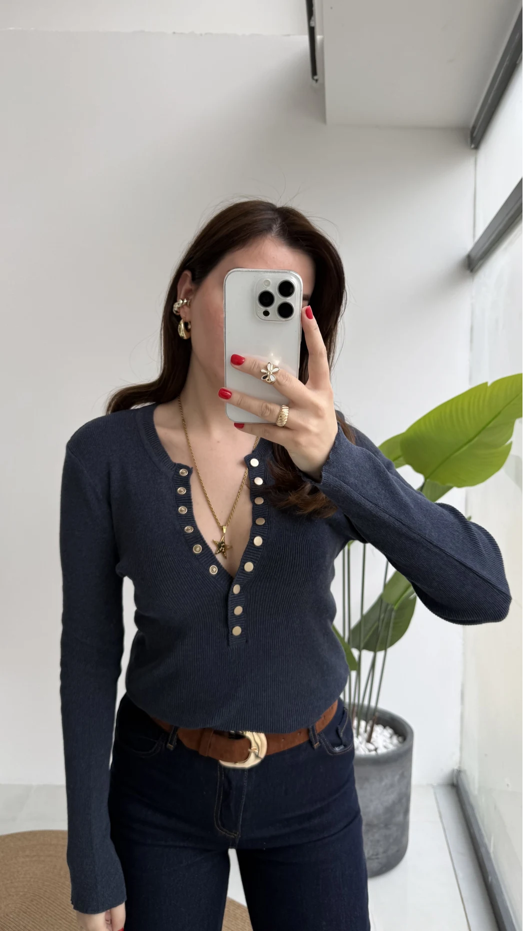 Lyssa V Yaka Çıtçıtlı Triko Kazak - Koyu İndigo