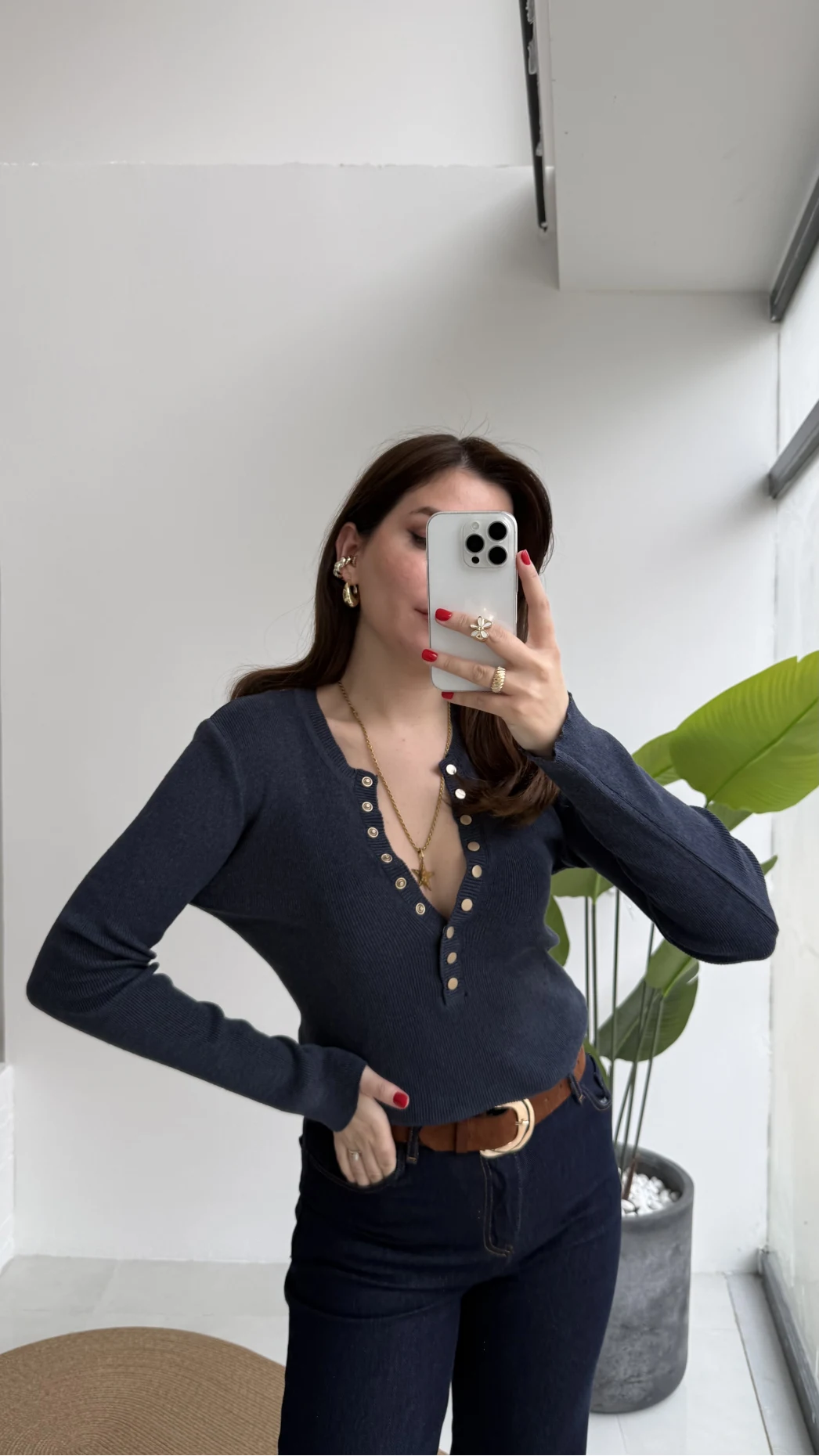 Lyssa V Yaka Çıtçıtlı Triko Kazak - Koyu İndigo