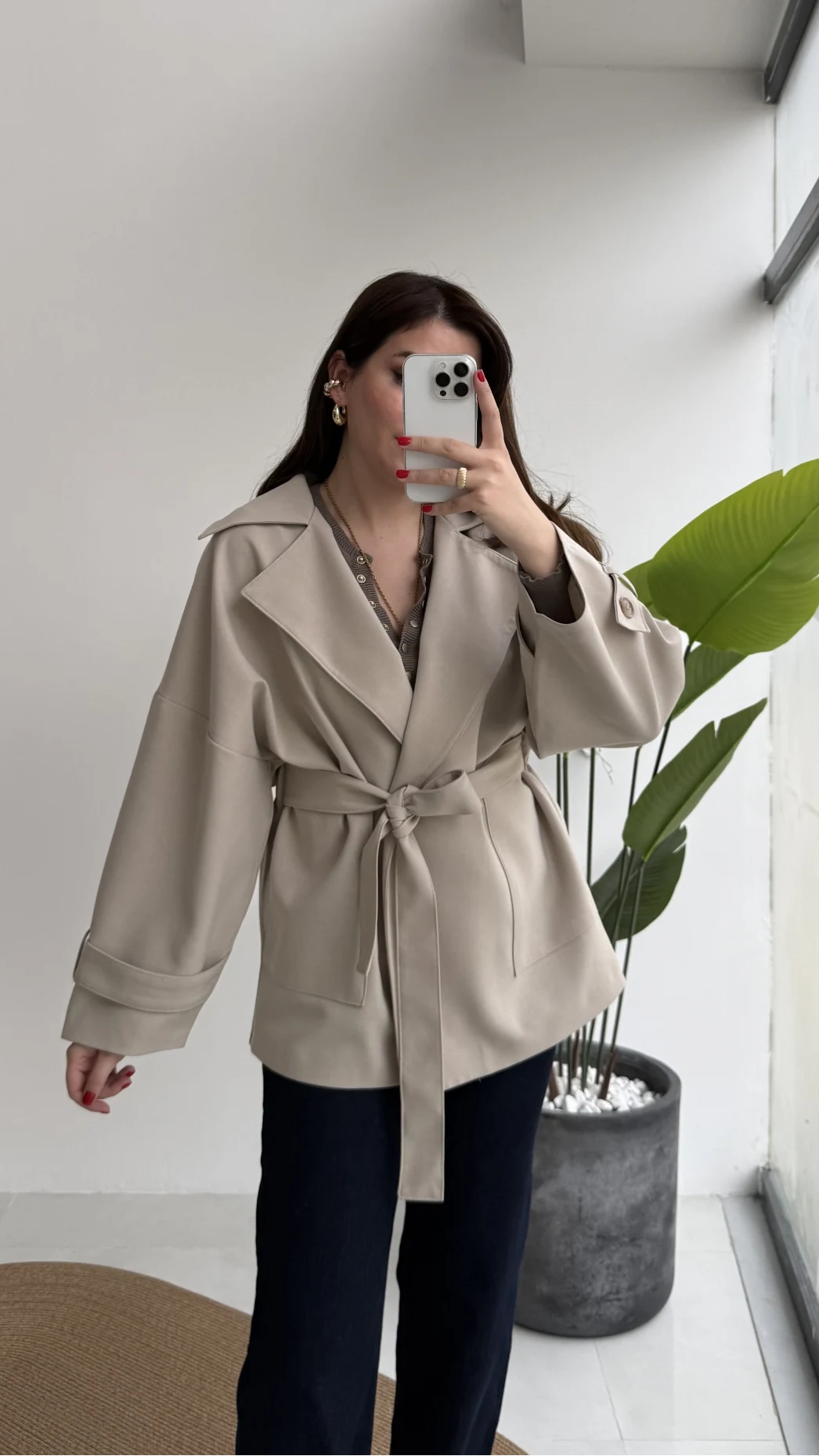 Andres Kemerli Dökümlü Trenç - Taş - Kod: 7658