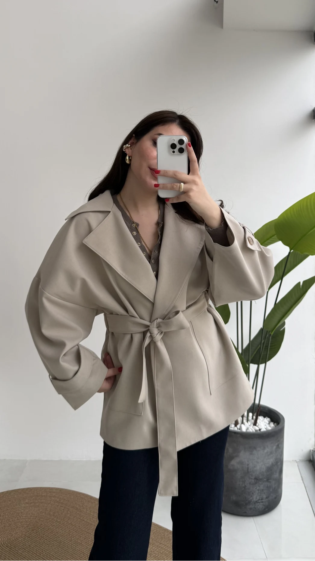 Andres Kemerli Dökümlü Trenç - Taş - Kod: 7658