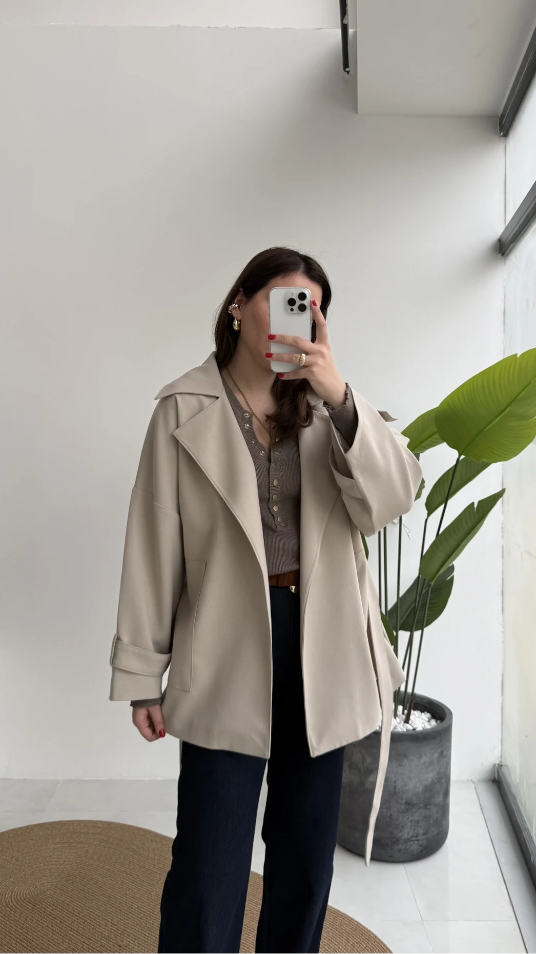 Andres Kemerli Dökümlü Trenç - Taş - Kod: 7658