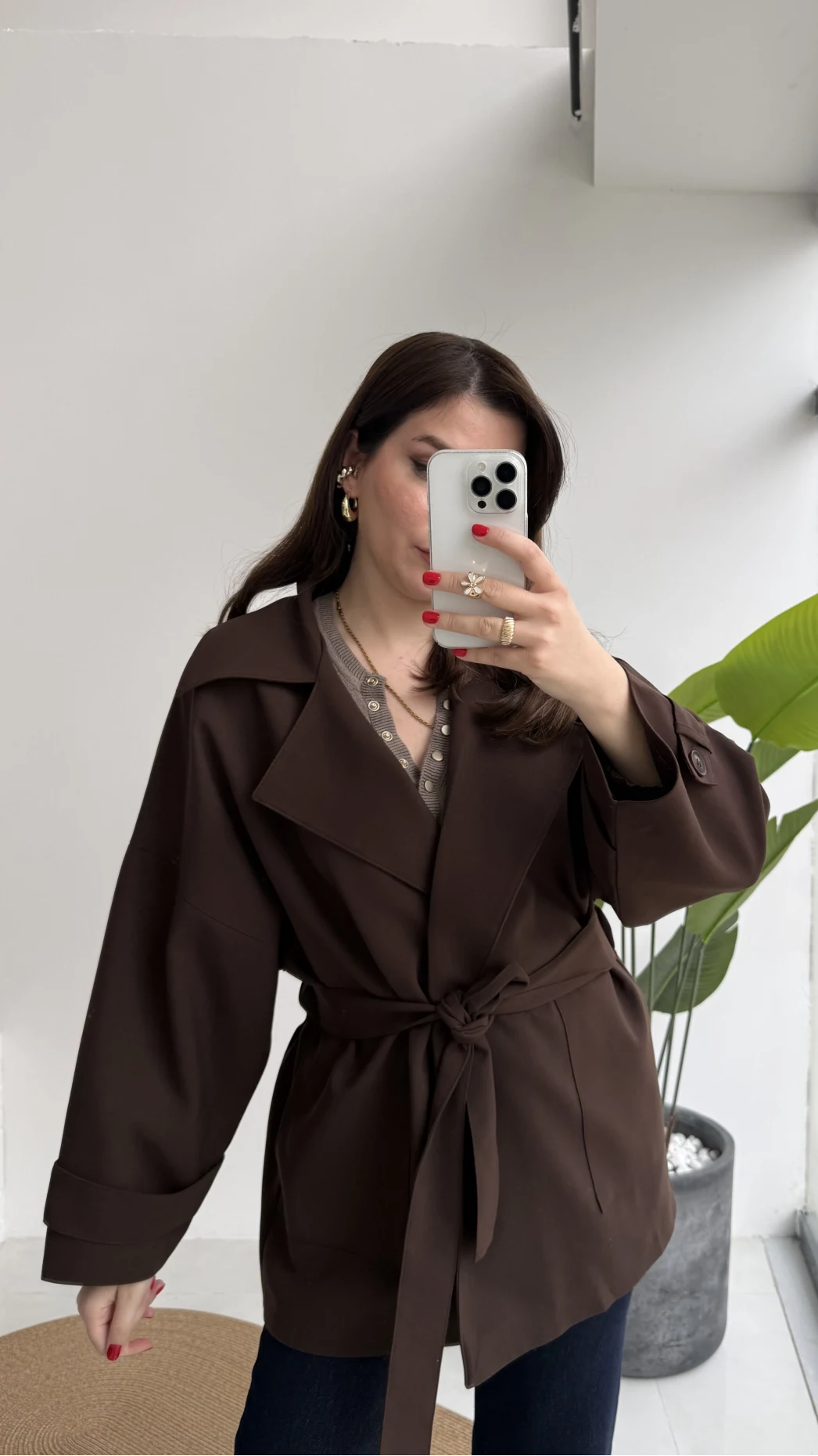 Andres Kemerli Dökümlü Trenç - Acı Kahve - Kod: 7658