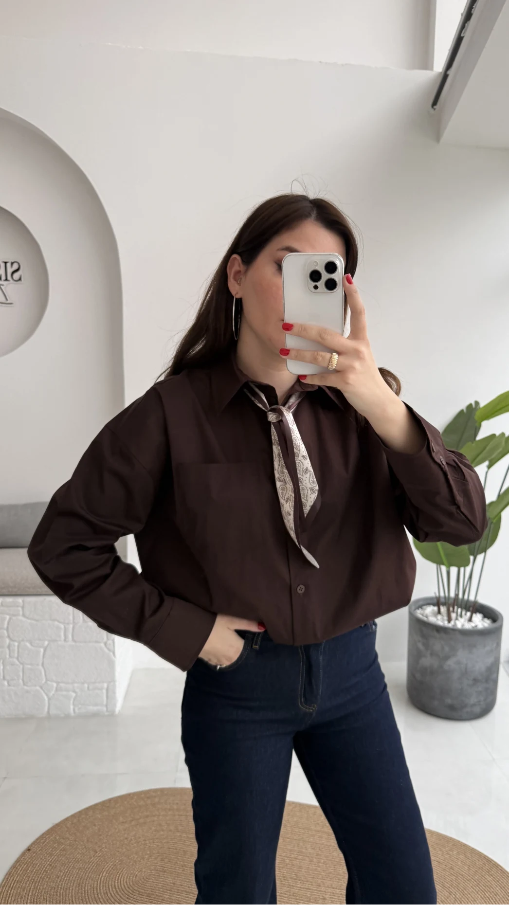 Claire Fularlı Gömlek - Acı Kahve - Kod: 5427