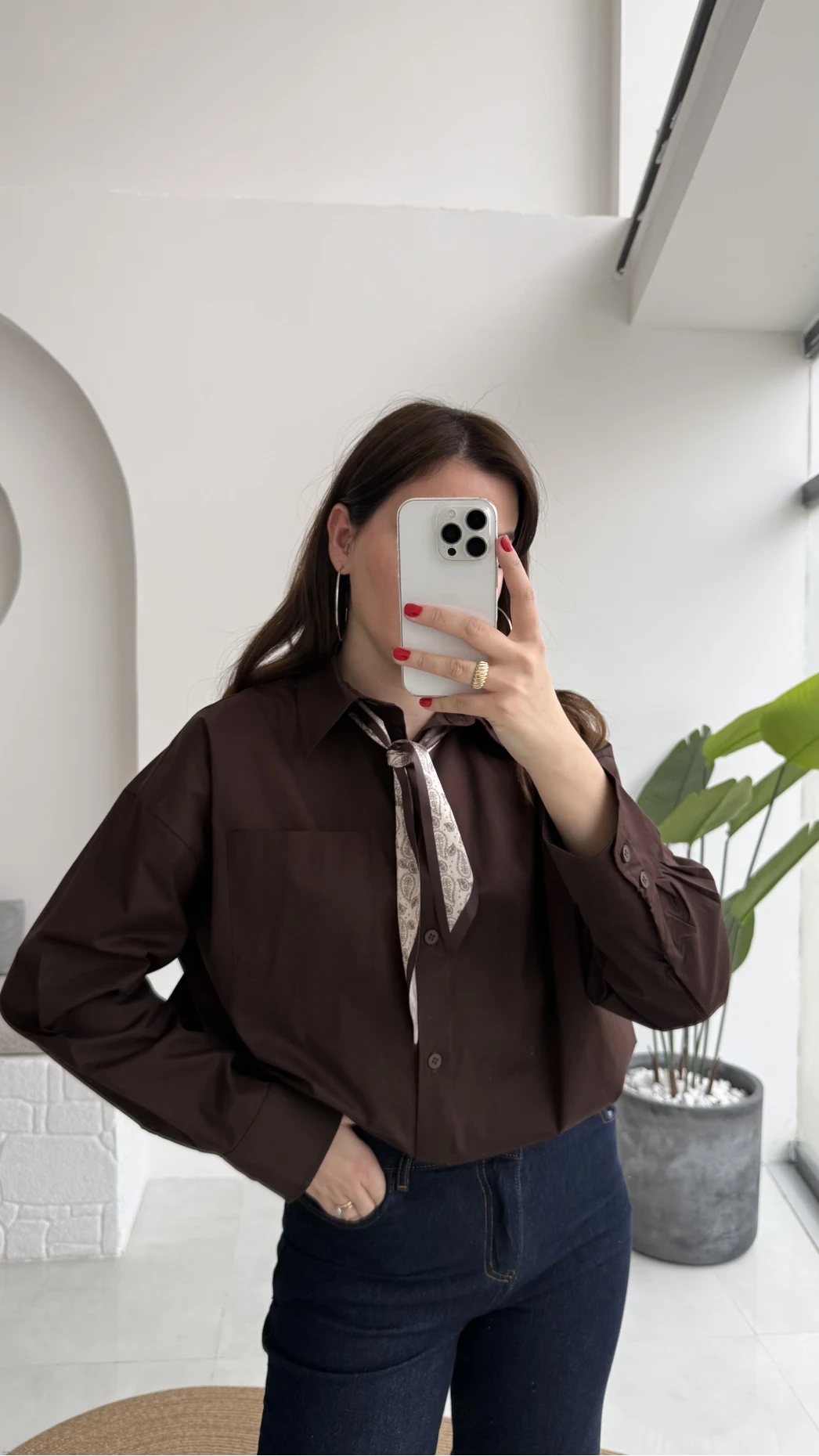 Claire Fularlı Gömlek - Acı Kahve - Kod: 5427