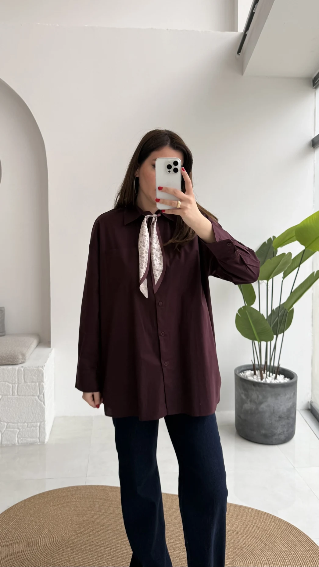 Claire Fularlı Gömlek - Mürdüm - Kod: 5427