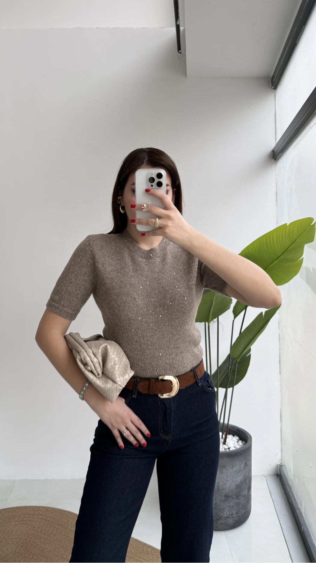 Yumoş Dokulu Pullu Simli Kısa Kol Triko Kazak - Vizon - Kod: 10703