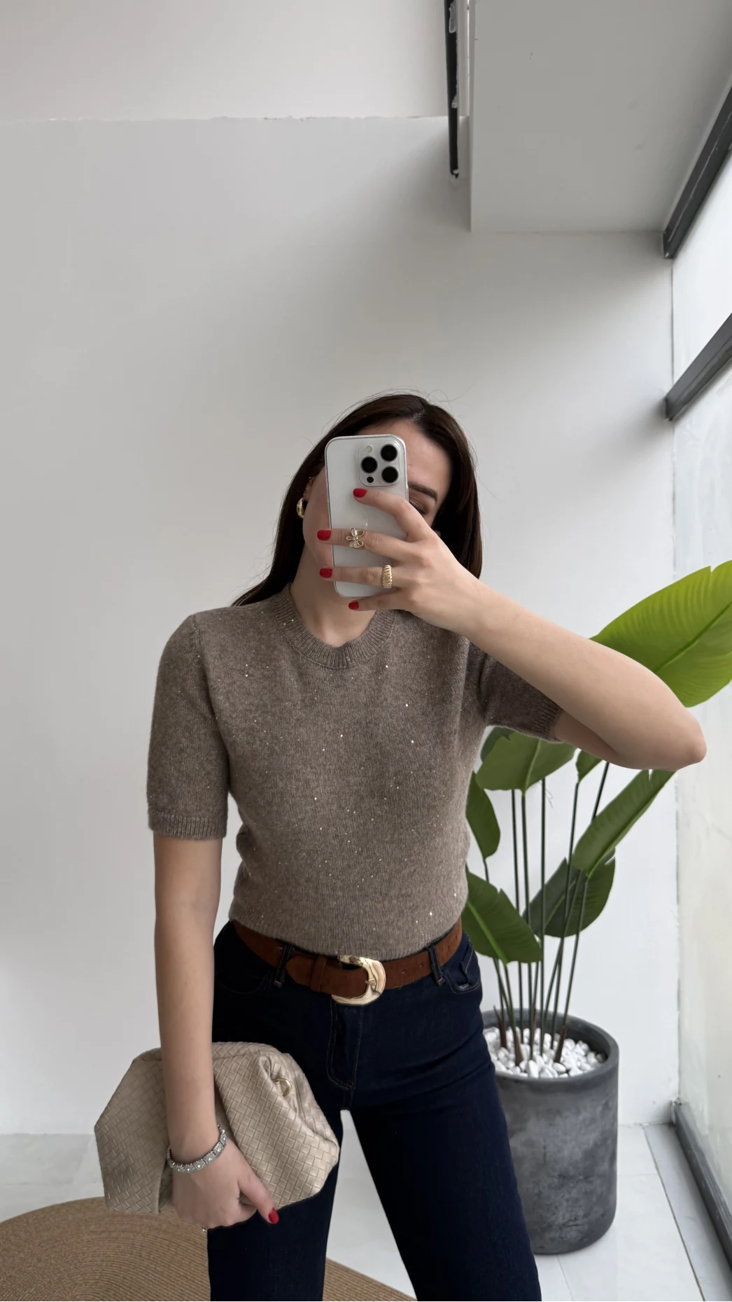 Yumoş Dokulu Pullu Simli Kısa Kol Triko Kazak - Vizon - Kod: 10703