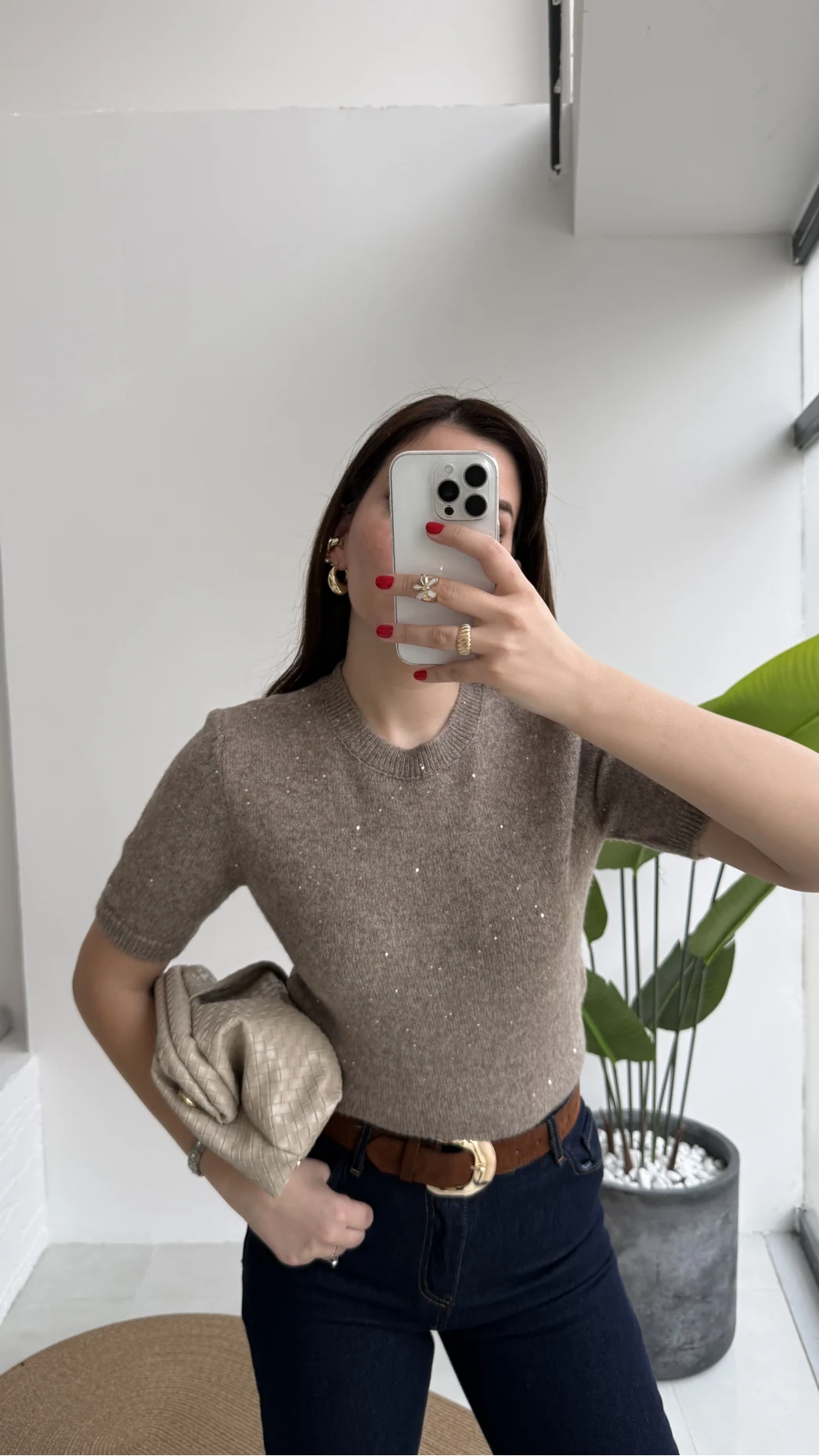 Yumoş Dokulu Pullu Simli Kısa Kol Triko Kazak - Vizon - Kod: 10703