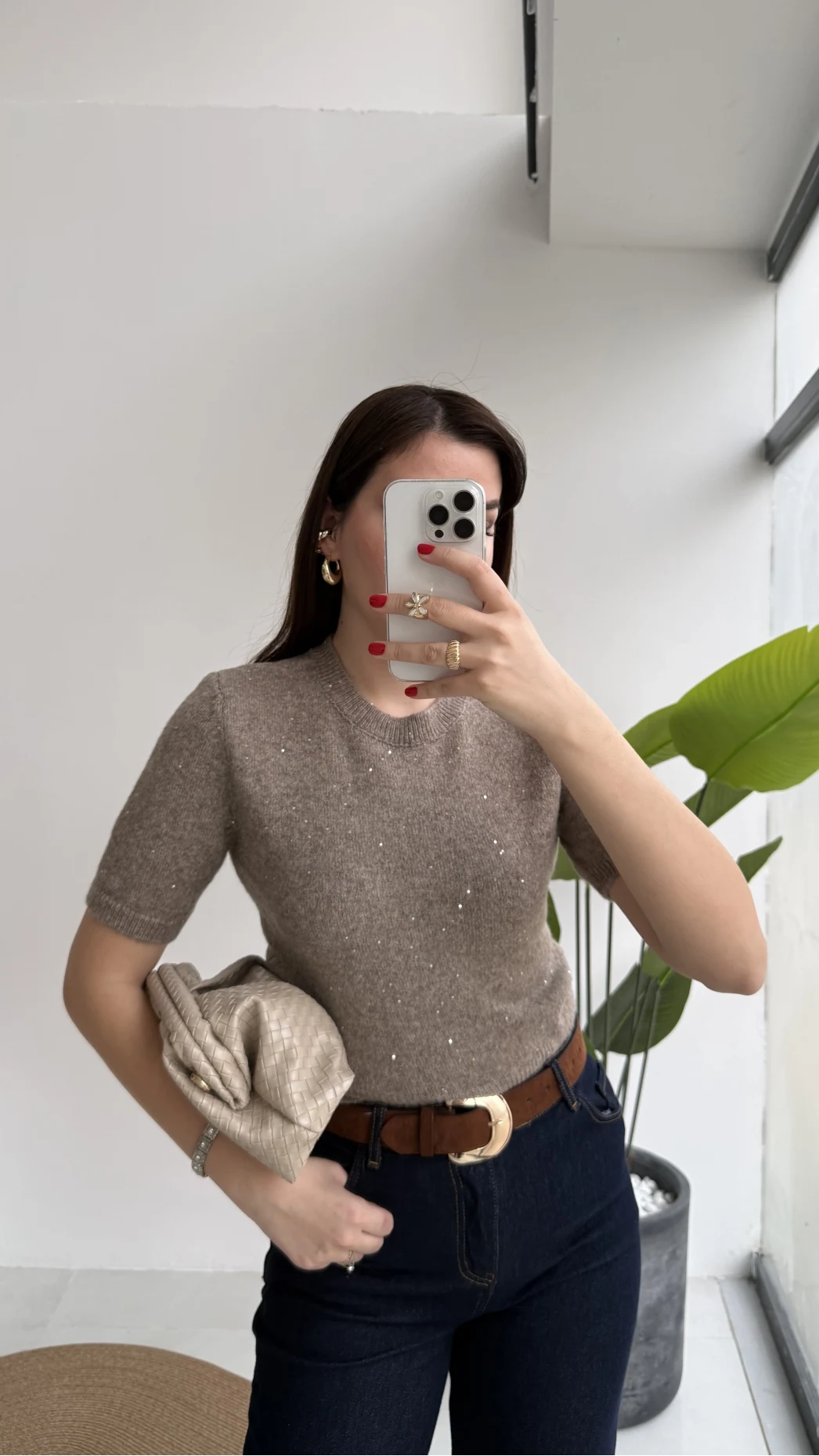 Yumoş Dokulu Pullu Simli Kısa Kol Triko Kazak - Vizon - Kod: 10703