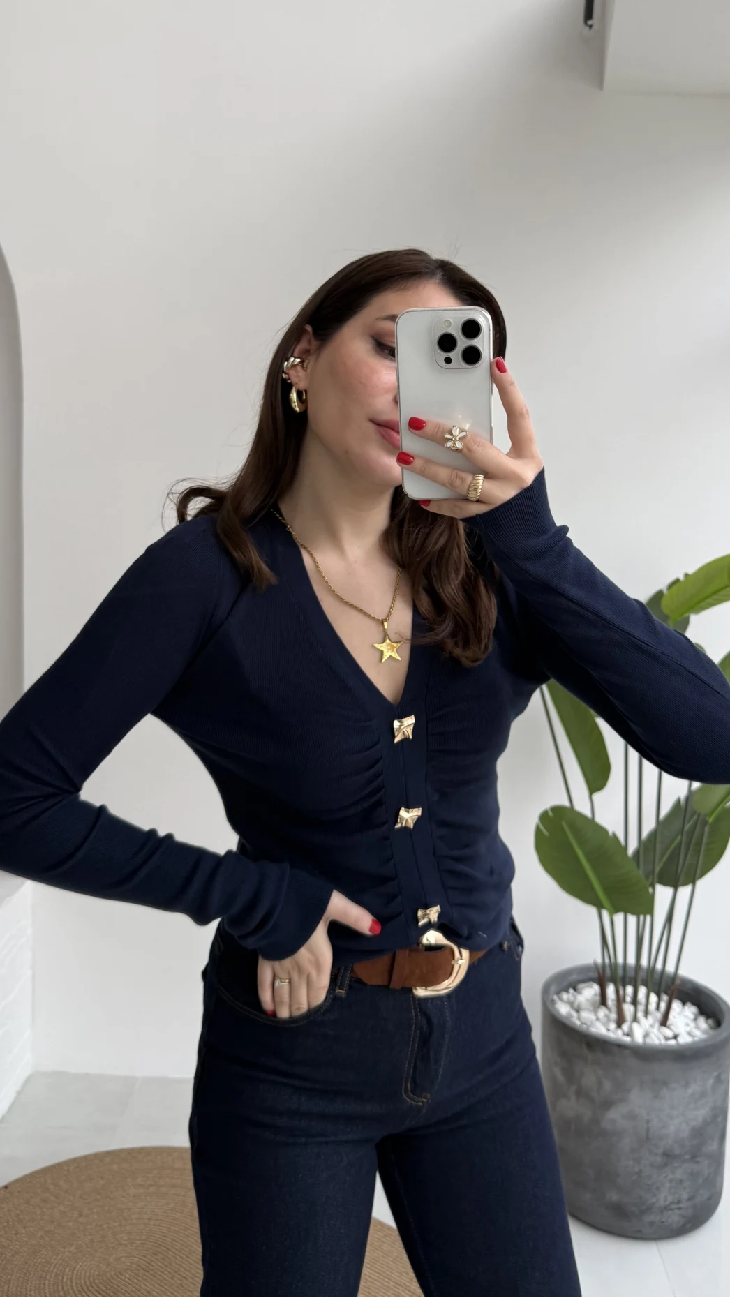 Addison V Yaka Düğme Detay Triko Kazak - Lacivert - Kod: 10805