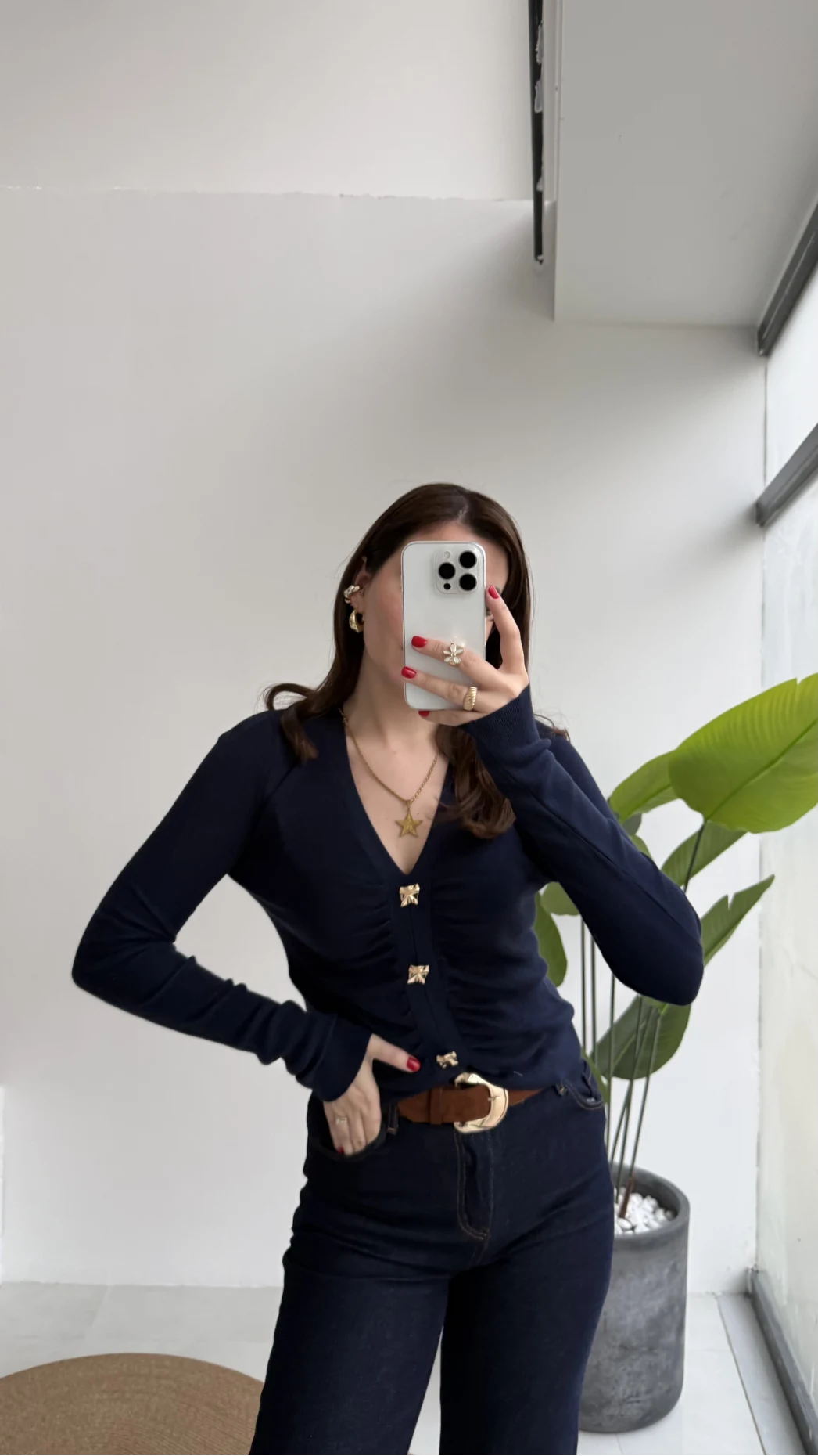 Addison V Yaka Düğme Detay Triko Kazak - Lacivert - Kod: 10805