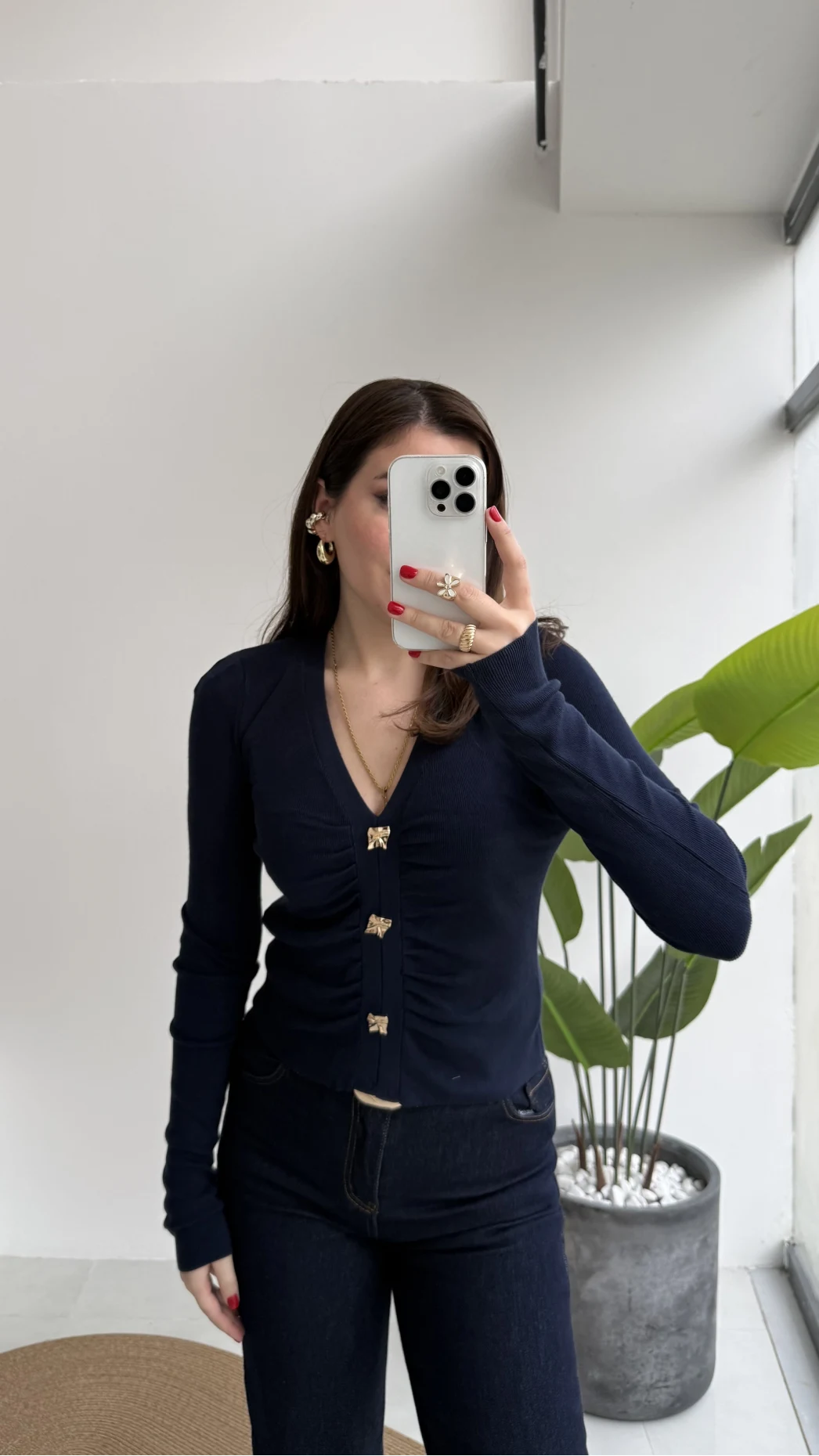 Addison V Yaka Düğme Detay Triko Kazak - Lacivert - Kod: 10805