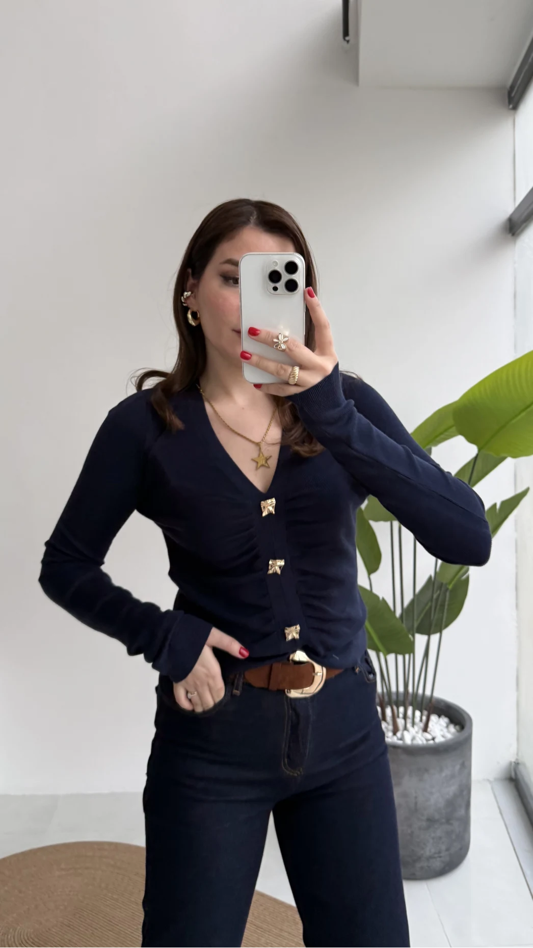 Addison V Yaka Düğme Detay Triko Kazak - Lacivert - Kod: 10805