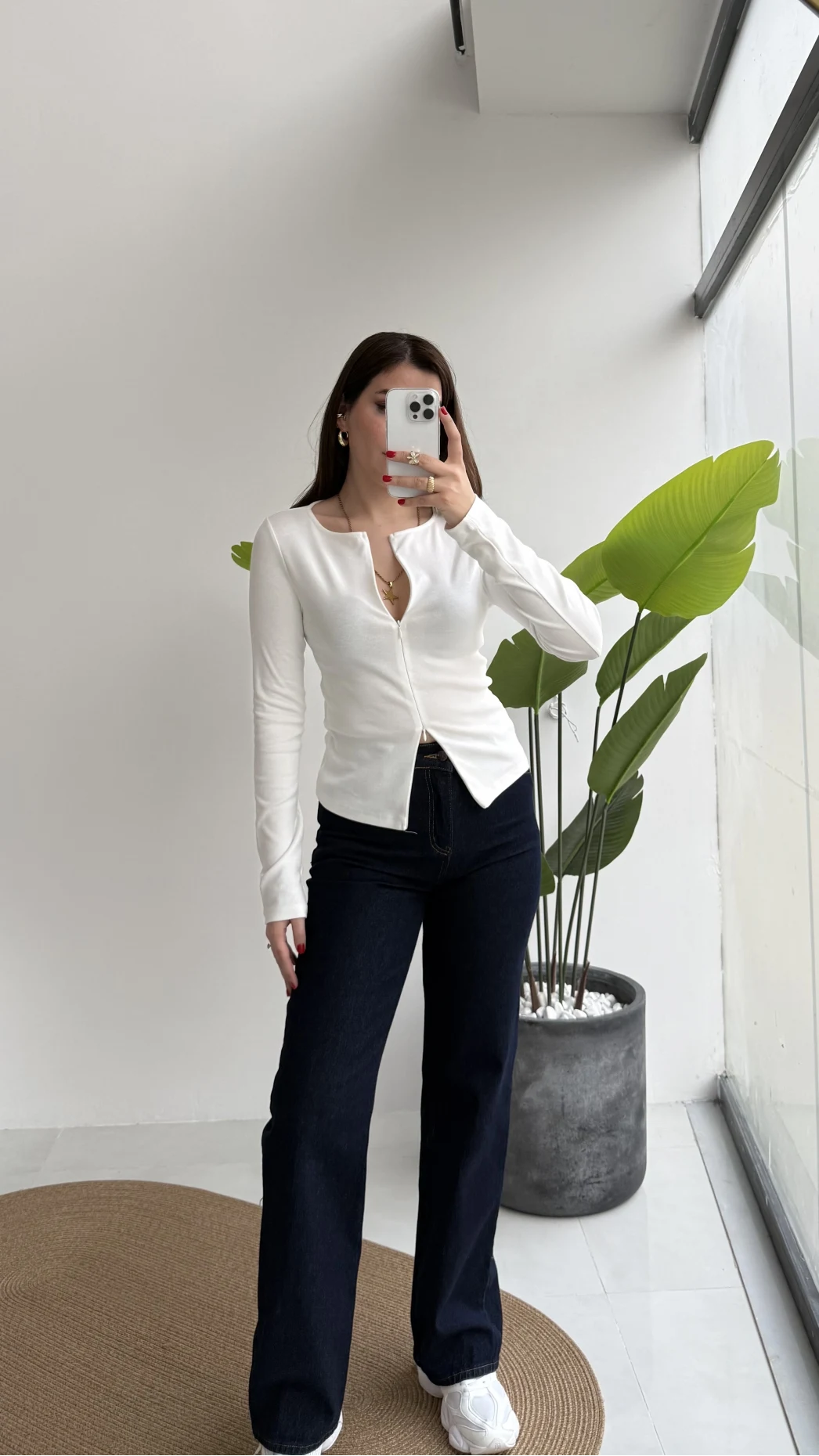 Granny Fermuar Detaylı Uzun Kollu Bluz - Ekru - Kod: 31993