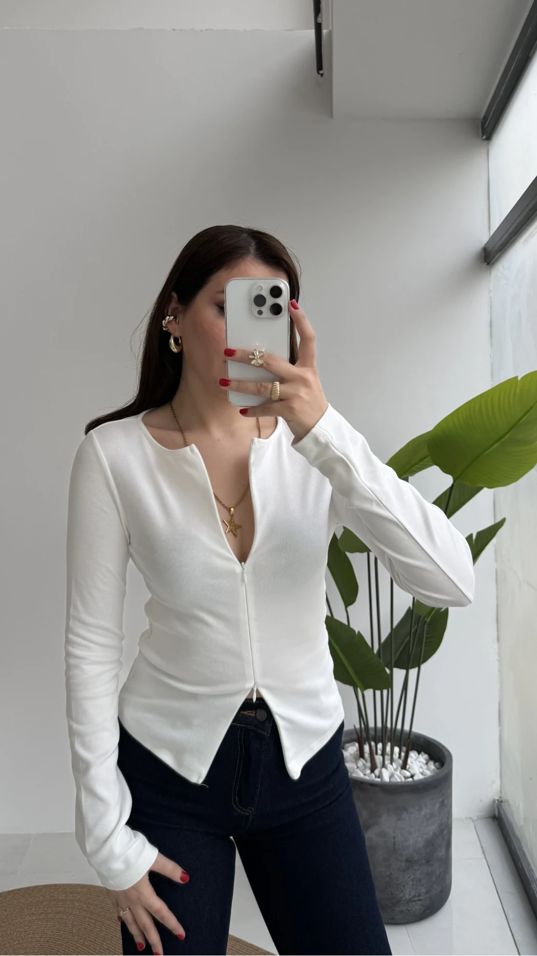 Granny Fermuar Detaylı Uzun Kollu Bluz - Ekru - Kod: 31993