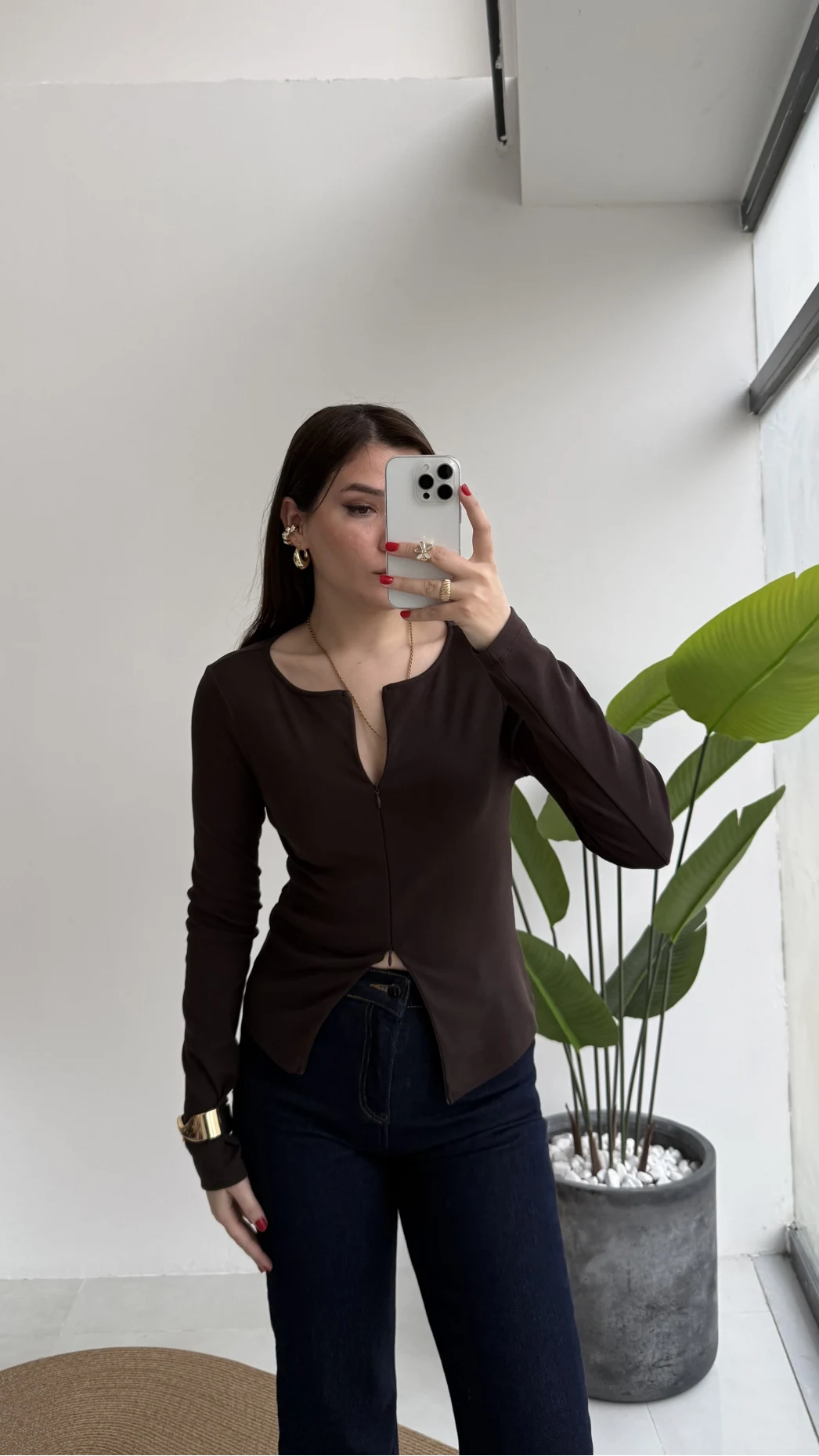 Granny Fermuar Detaylı Uzun Kollu Bluz - Koyu Kahve - Kod: 31993