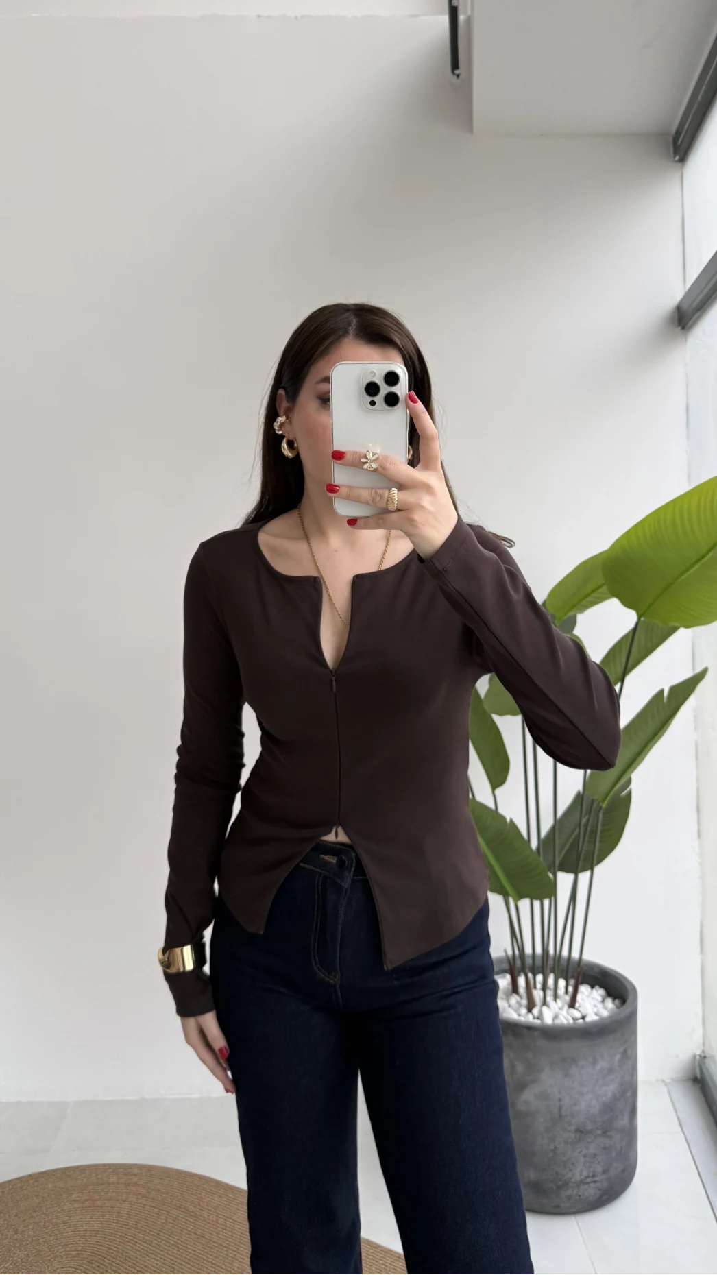 Granny Fermuar Detaylı Uzun Kollu Bluz - Koyu Kahve - Kod: 31993