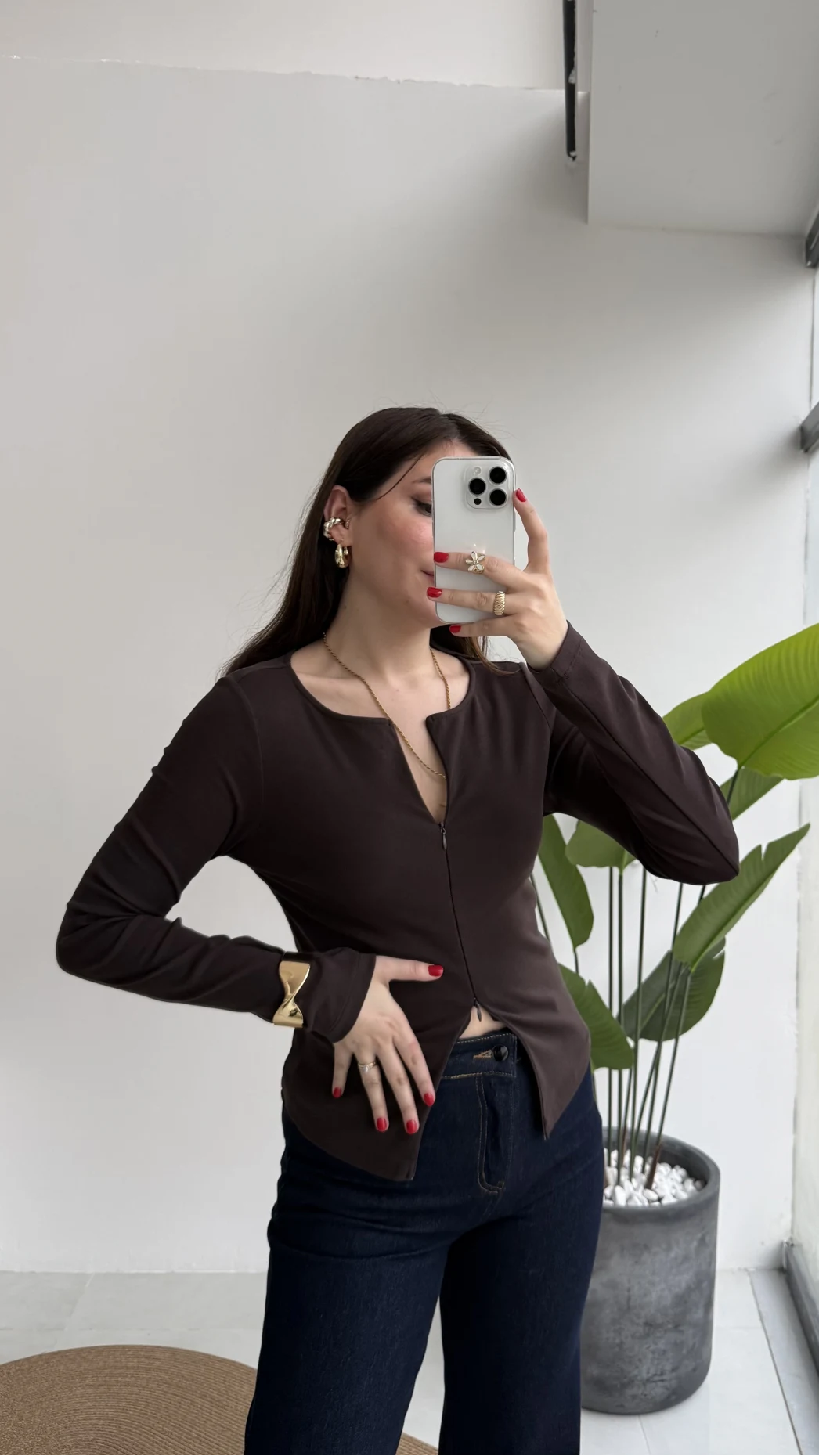 Granny Fermuar Detaylı Uzun Kollu Bluz - Koyu Kahve - Kod: 31993