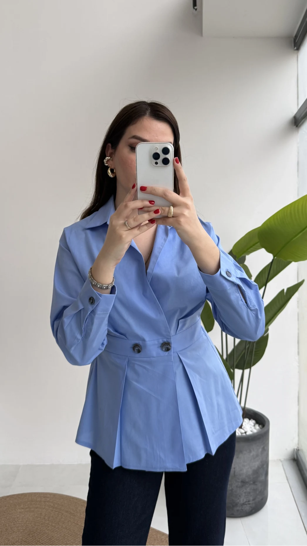 Coquette Pile Detay Düğmeli Gömlek - Mavi - Kod: 5426