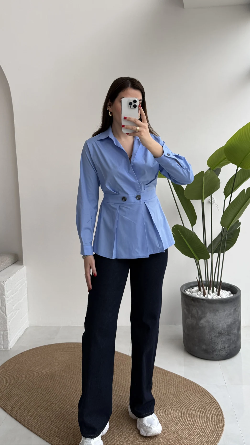 Coquette Pile Detay Düğmeli Gömlek - Mavi - Kod: 5426