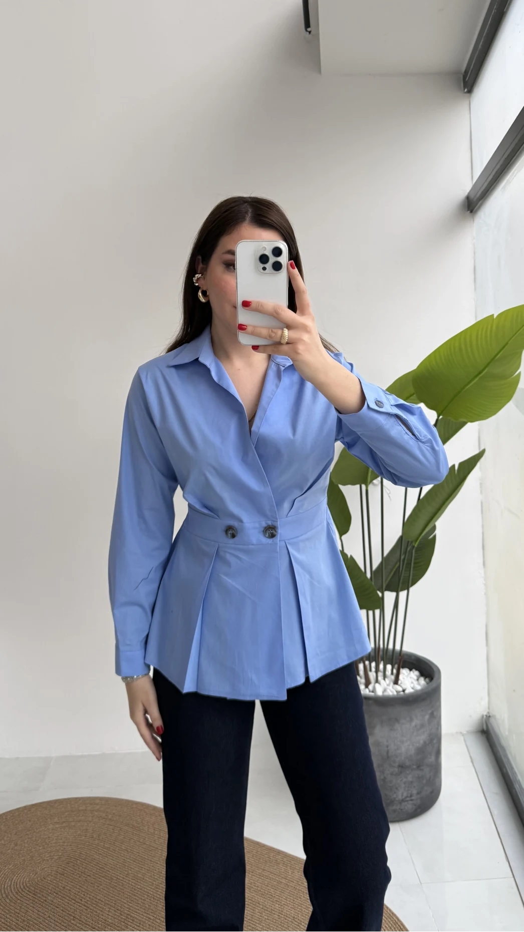 Coquette Pile Detay Düğmeli Gömlek - Mavi - Kod: 5426