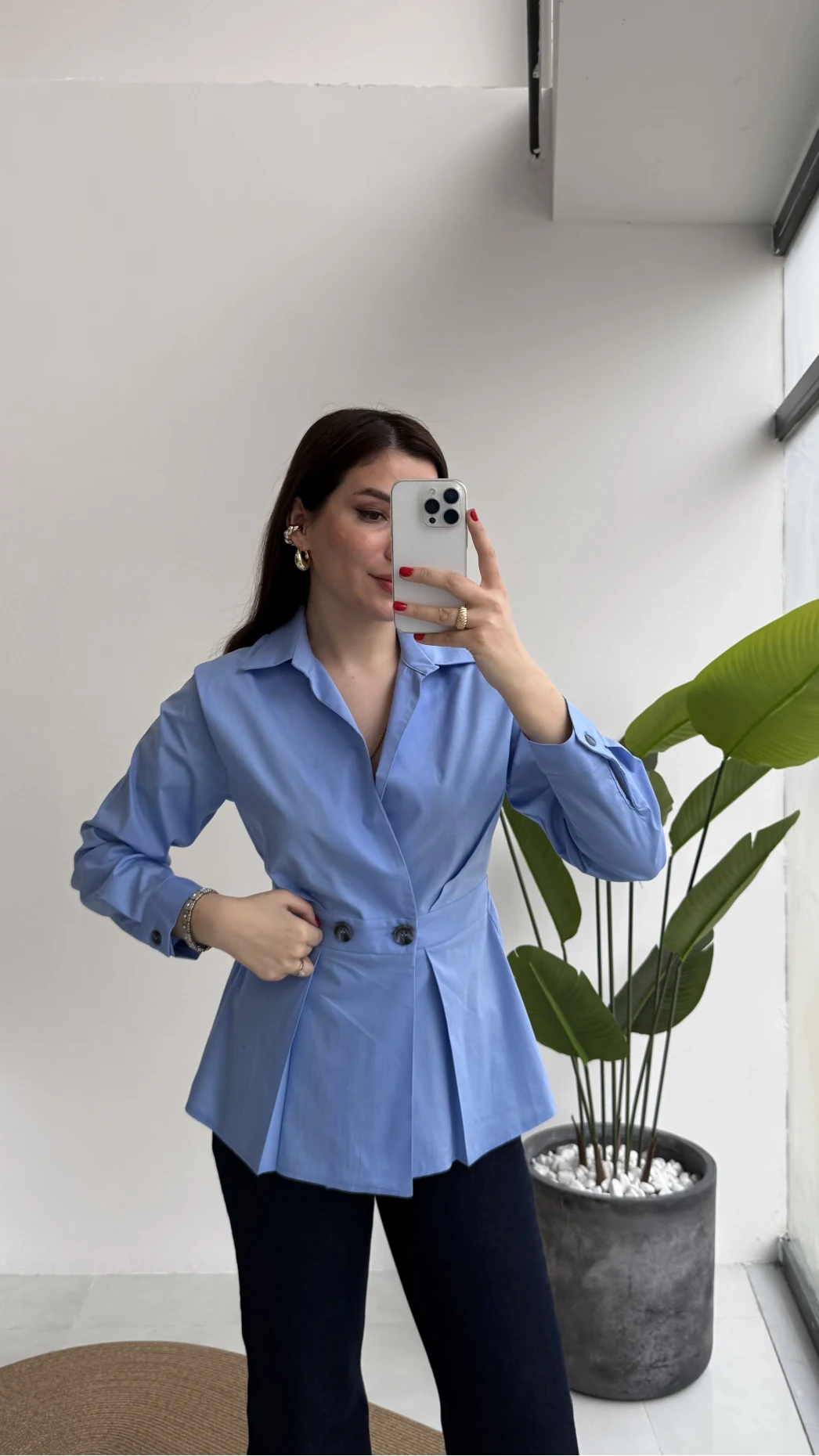 Coquette Pile Detay Düğmeli Gömlek - Mavi - Kod: 5426