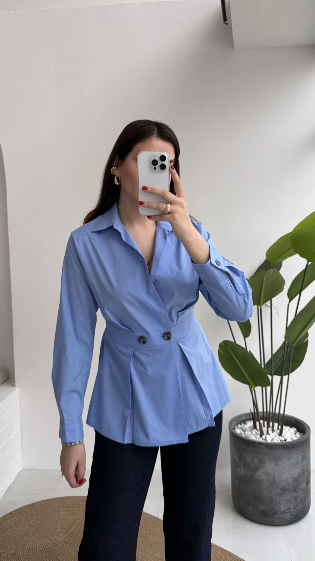 Coquette Pile Detay Düğmeli Gömlek - Mavi - Kod: 5426