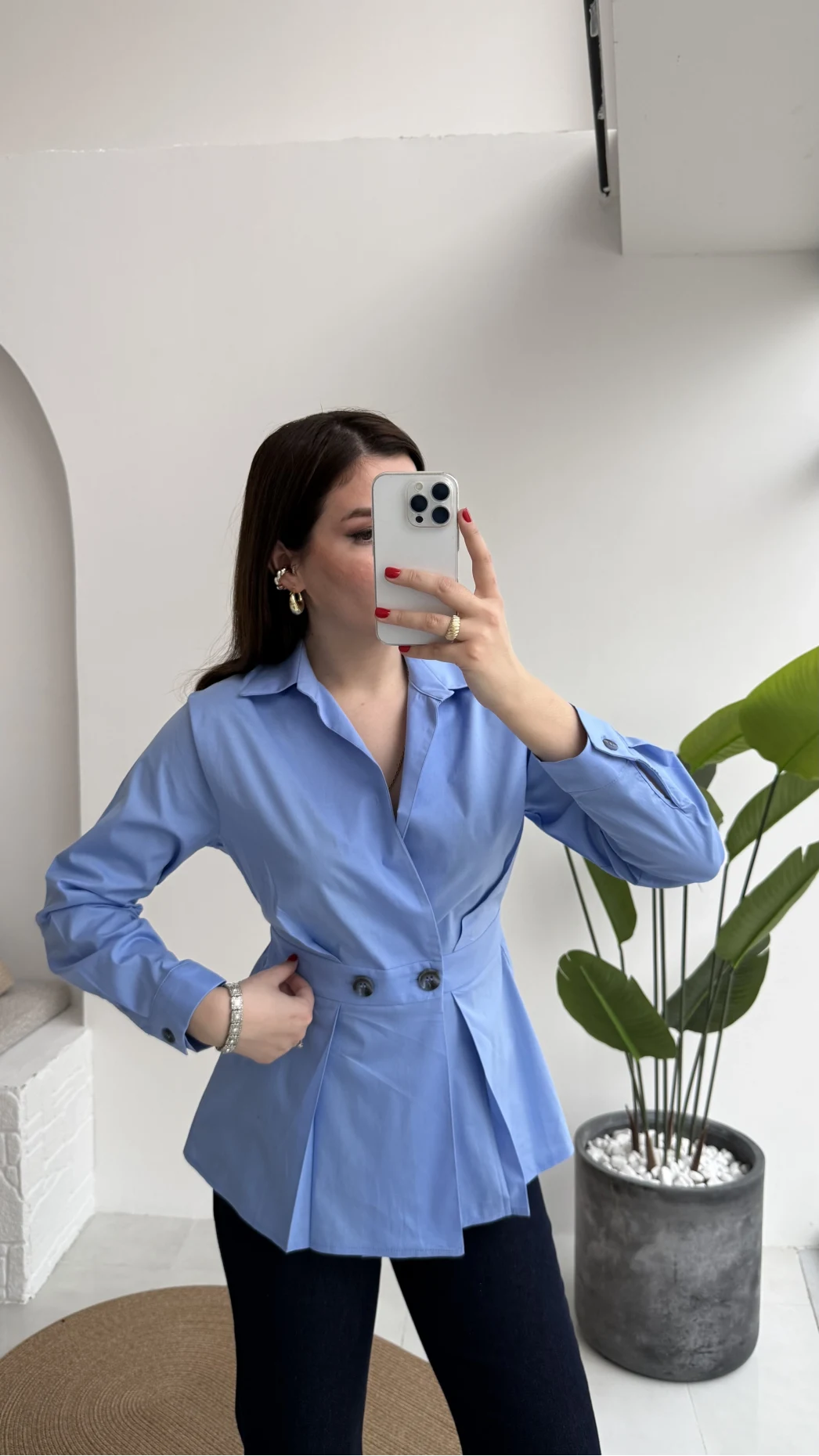 Coquette Pile Detay Düğmeli Gömlek - Mavi - Kod: 5426