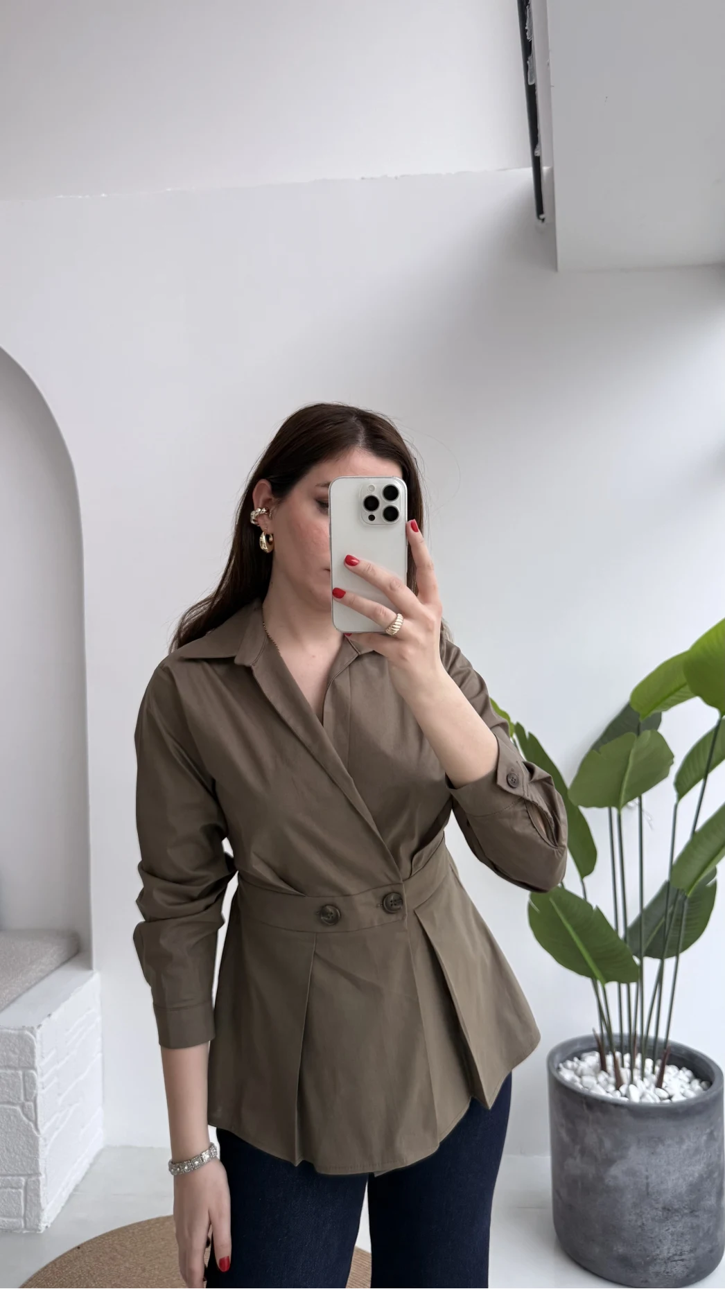 Coquette Pile Detay Düğmeli Kısa Bluz - Haki - Kod: 5426