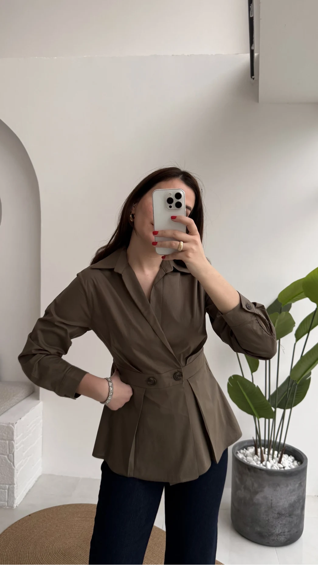 Coquette Pile Detay Düğmeli Kısa Bluz - Haki - Kod: 5426