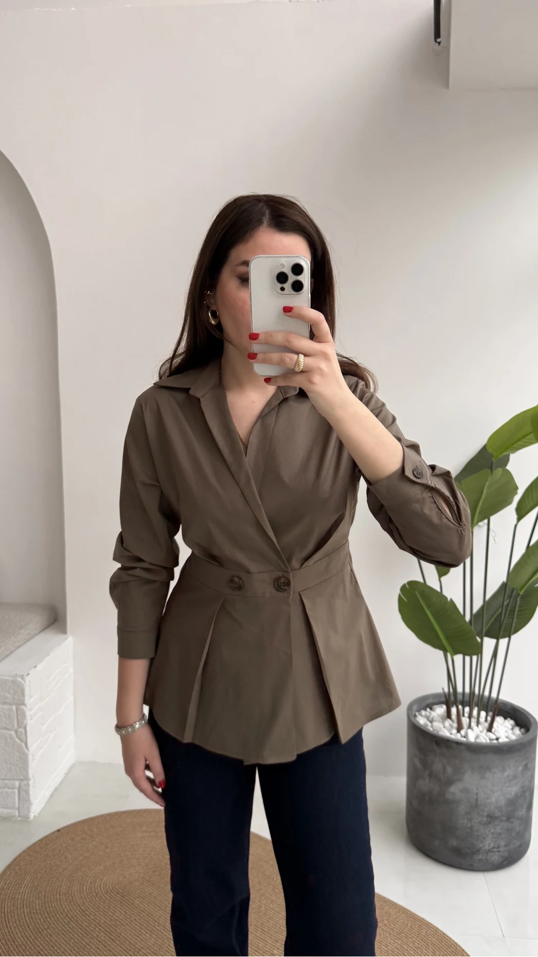 Coquette Pile Detay Düğmeli Kısa Bluz - Haki - Kod: 5426