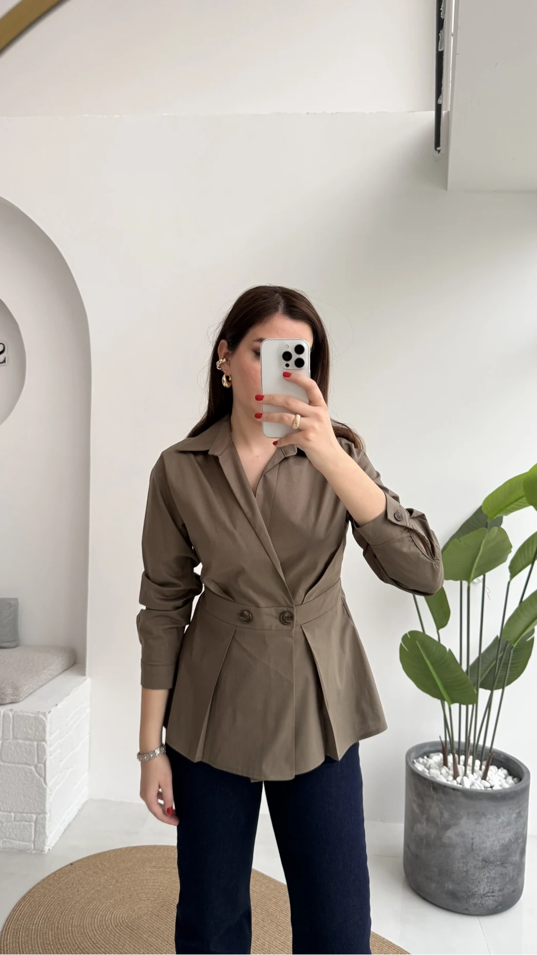 Coquette Pile Detay Düğmeli Kısa Bluz - Haki - Kod: 5426