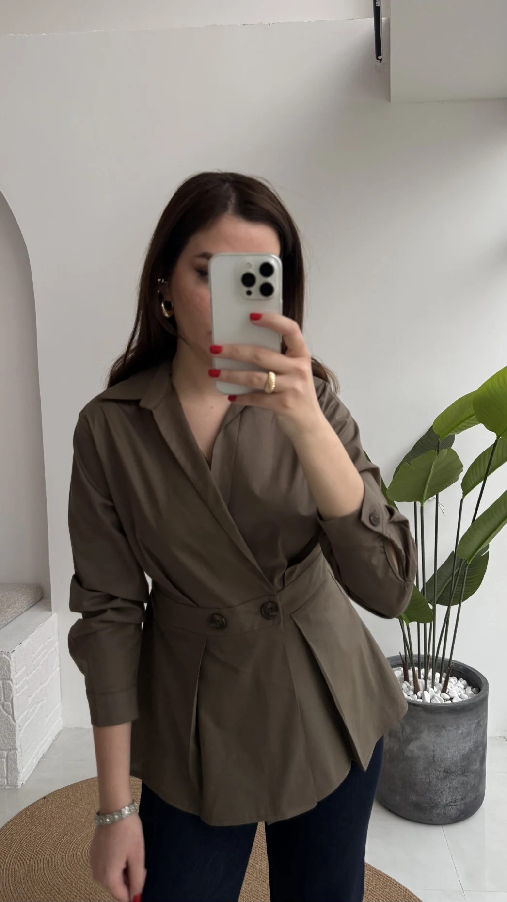 Coquette Pile Detay Düğmeli Kısa Bluz - Haki - Kod: 5426