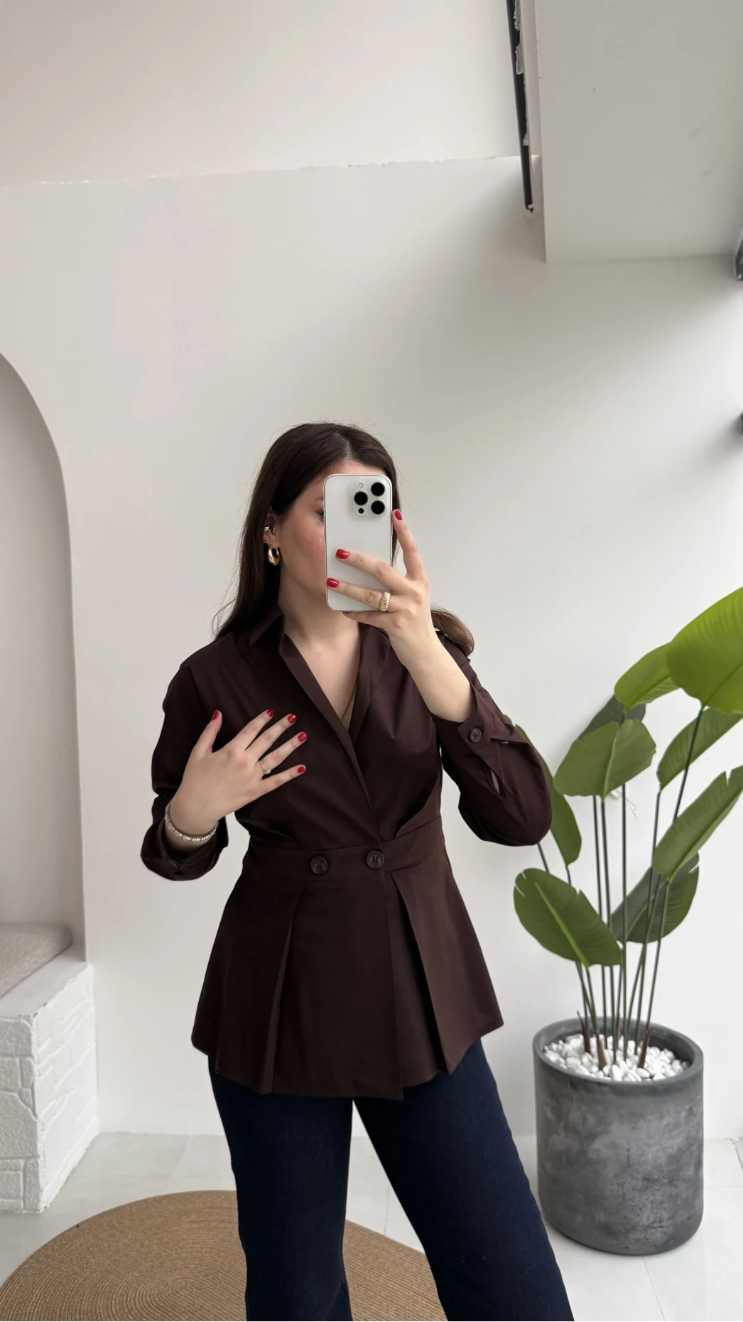 Coquette Pile Detay Düğmeli Kısa Bluz - Acı Kahve - Kod: 5426