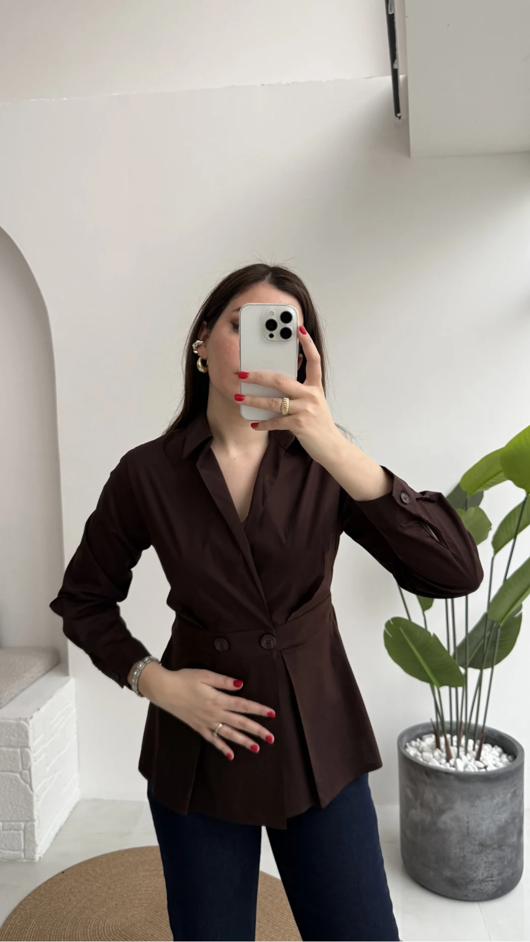 Coquette Pile Detay Düğmeli Kısa Bluz - Acı Kahve - Kod: 5426