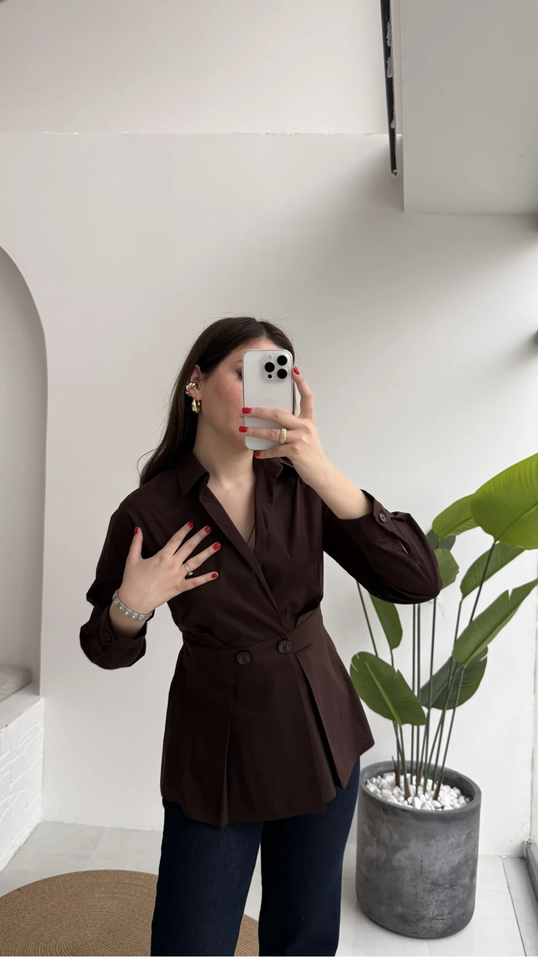 Coquette Pile Detay Düğmeli Kısa Bluz - Acı Kahve - Kod: 5426