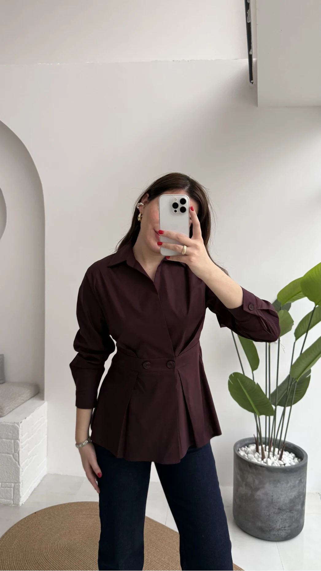 Coquette Pile Detay Düğmeli Kısa Bluz - Mürdüm - Kod: 5426