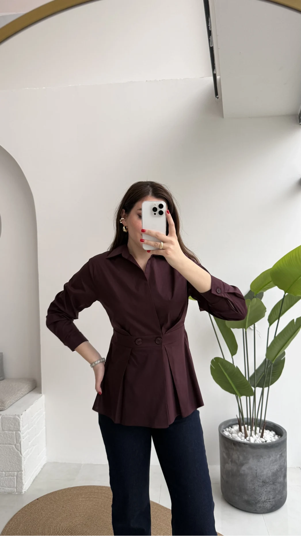 Coquette Pile Detay Düğmeli Kısa Bluz - Mürdüm - Kod: 5426