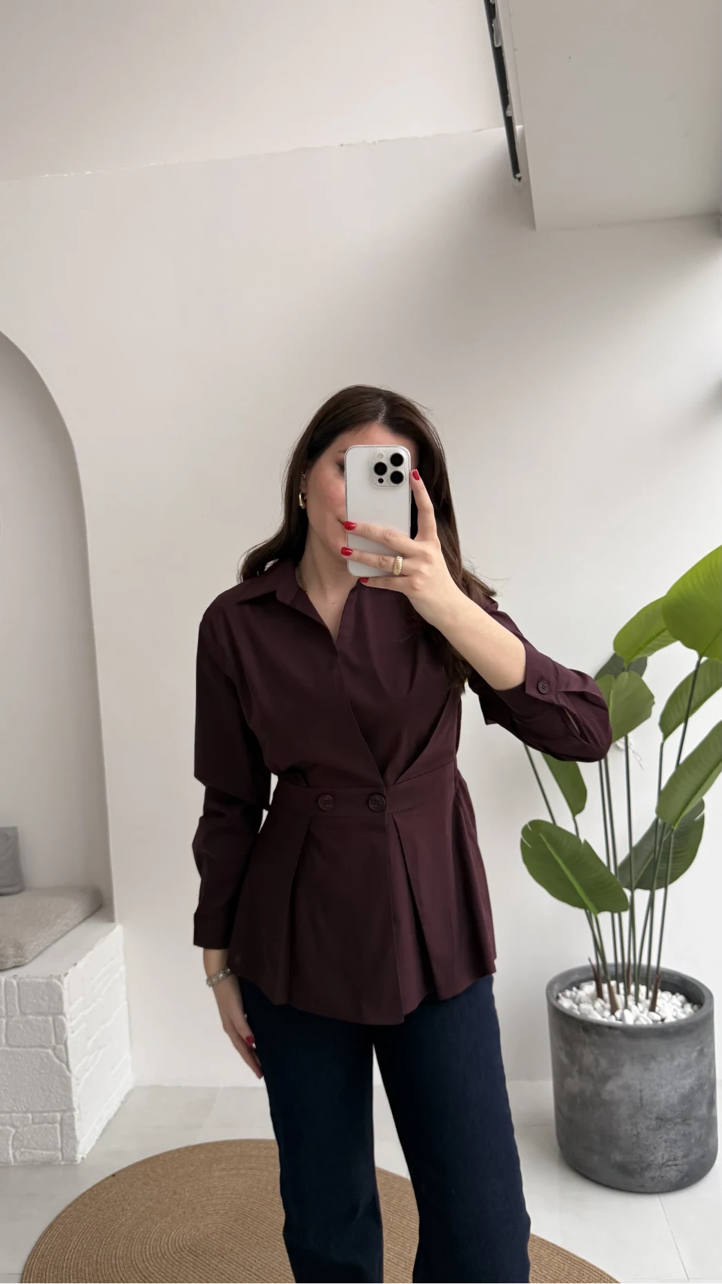 Coquette Pile Detay Düğmeli Kısa Bluz - Mürdüm - Kod: 5426